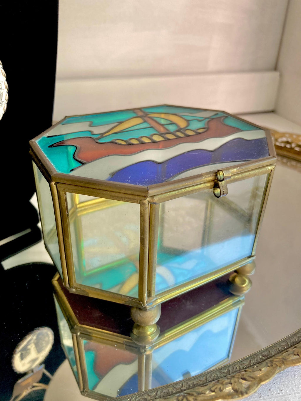 Vintage Nautical Stained Glass and Brass Jewelry Box