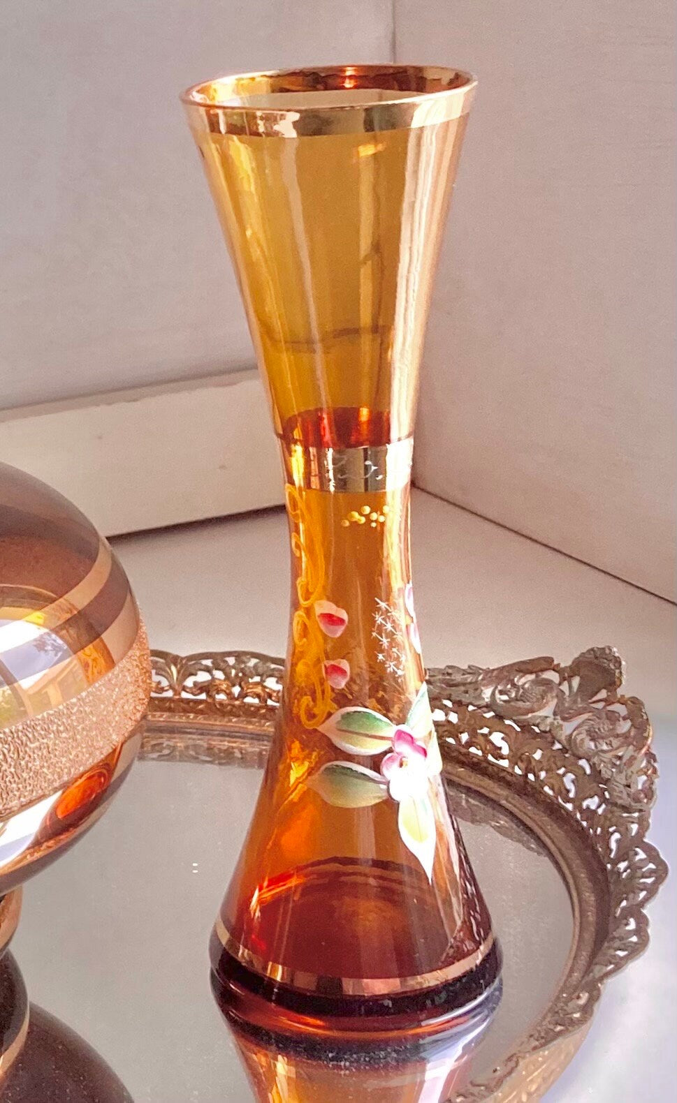 Vintage Bohemian Czech Amber and Brown Gilt Glass Vases - Choose from 2 styles