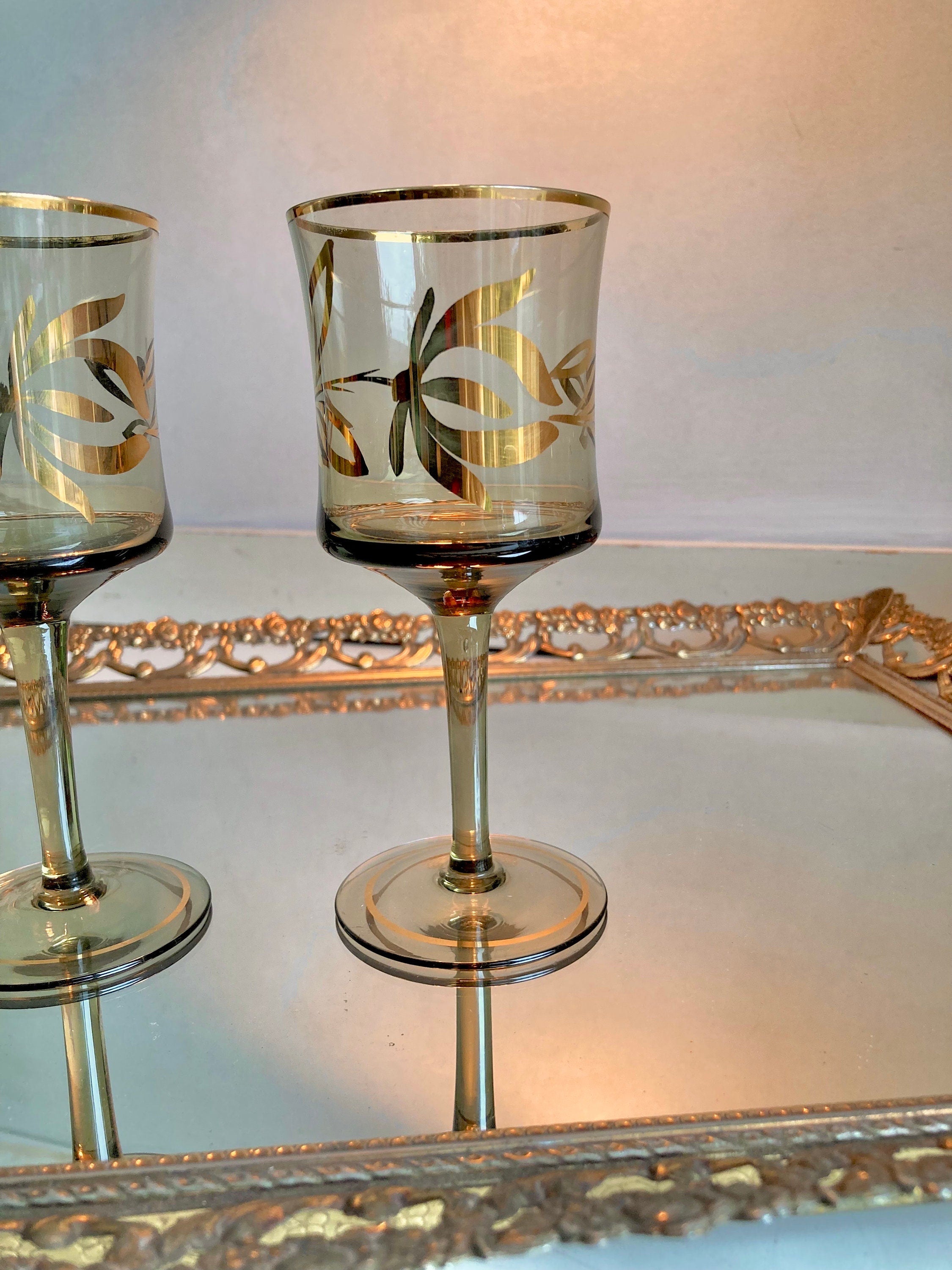 Pair of Bohemian Smoke Glass Cordials with Gilt Floral trim - Vintage Stemware