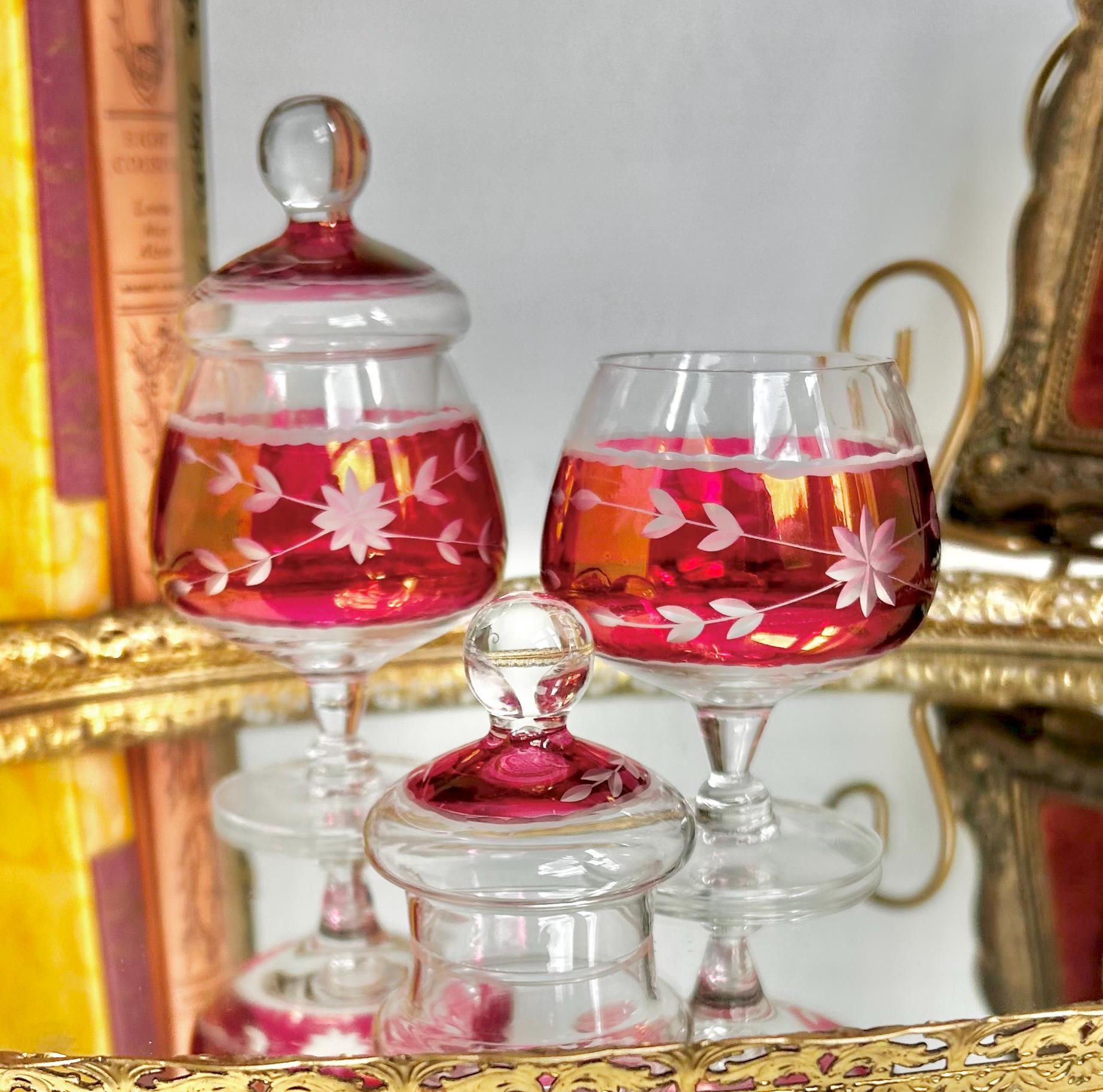 Vintage Cranberry Cut-to-Clear Glass Canister: Bohemian Ruby Red Candy Jar