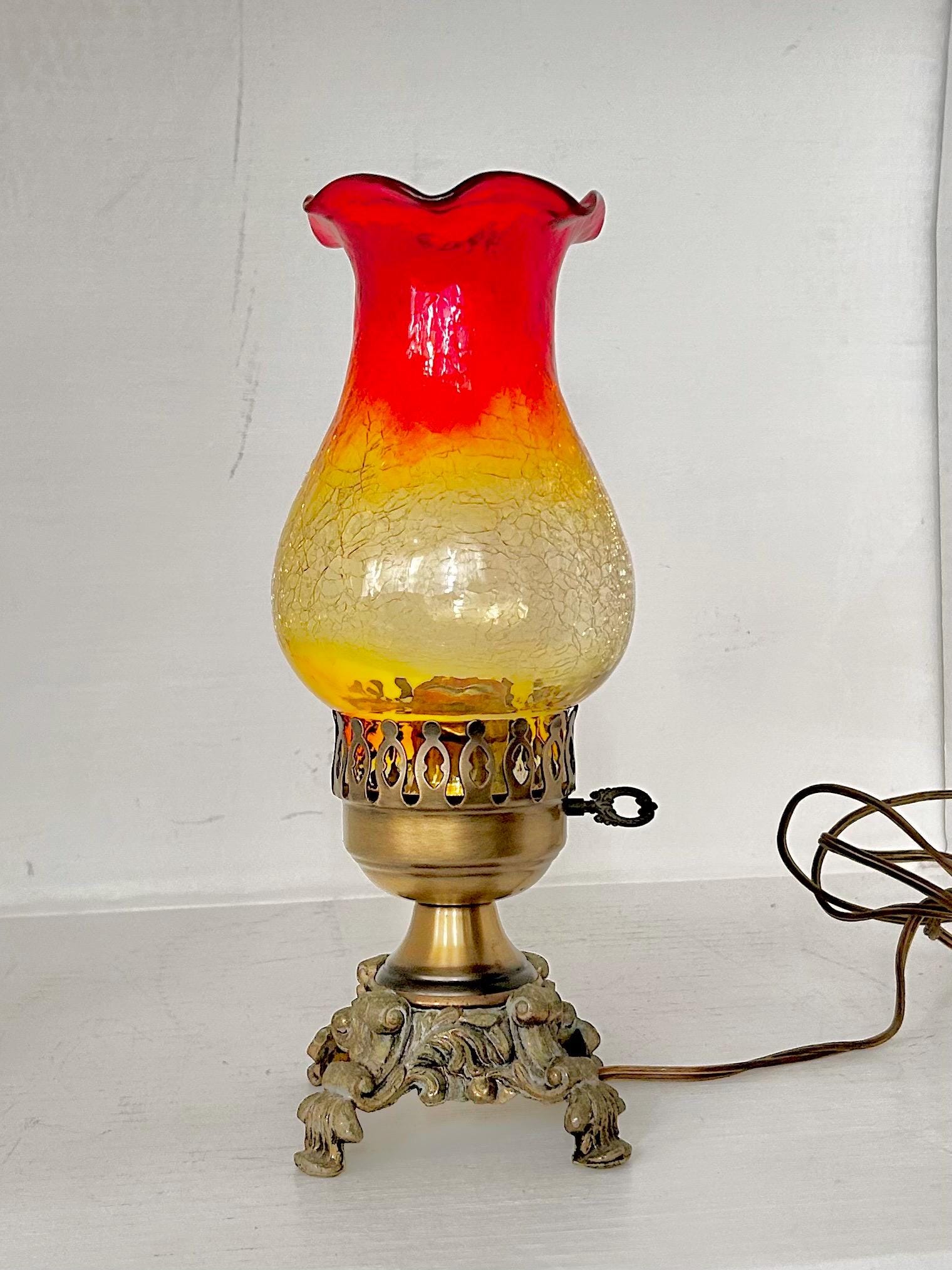 Vintage Amberina Crackle Glass Electric Hurricane Lamp: Brass Base, Ruffled Shade
