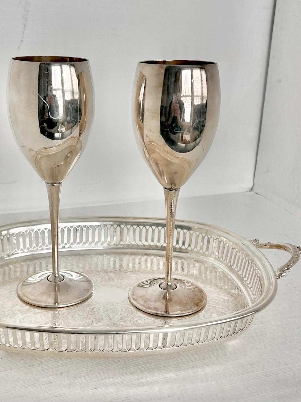 Pair of Vintage Silverplate Wine Goblets, El Delberti Italy