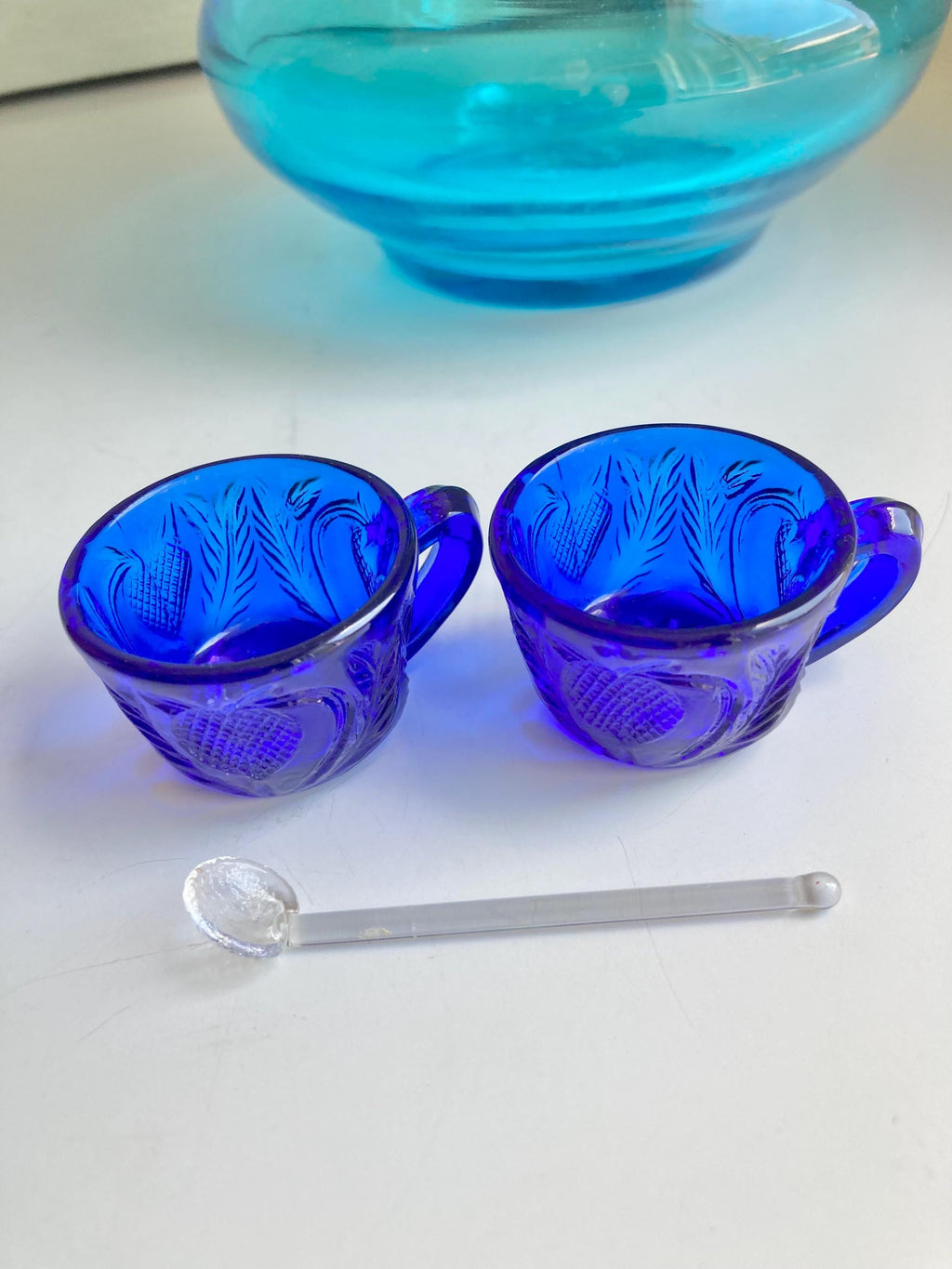 Vinage Cobalt Blue Glass Salt Cellars with fruit pattern, cup handles