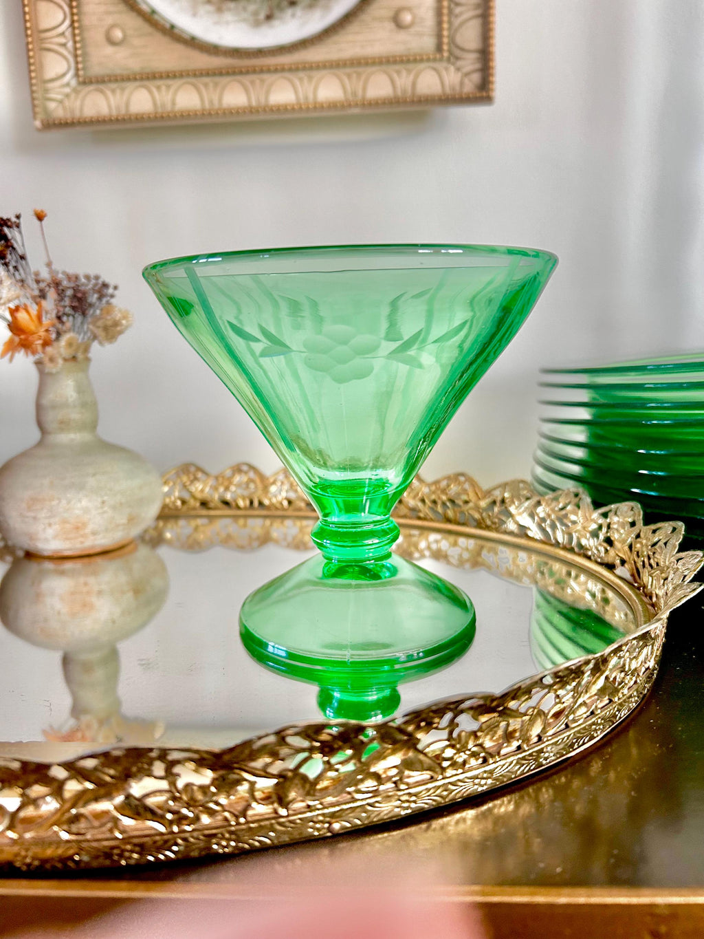 Vintage Uranium Green Heavy Pressed Glass Pedestal Sherbet Dish, Etched