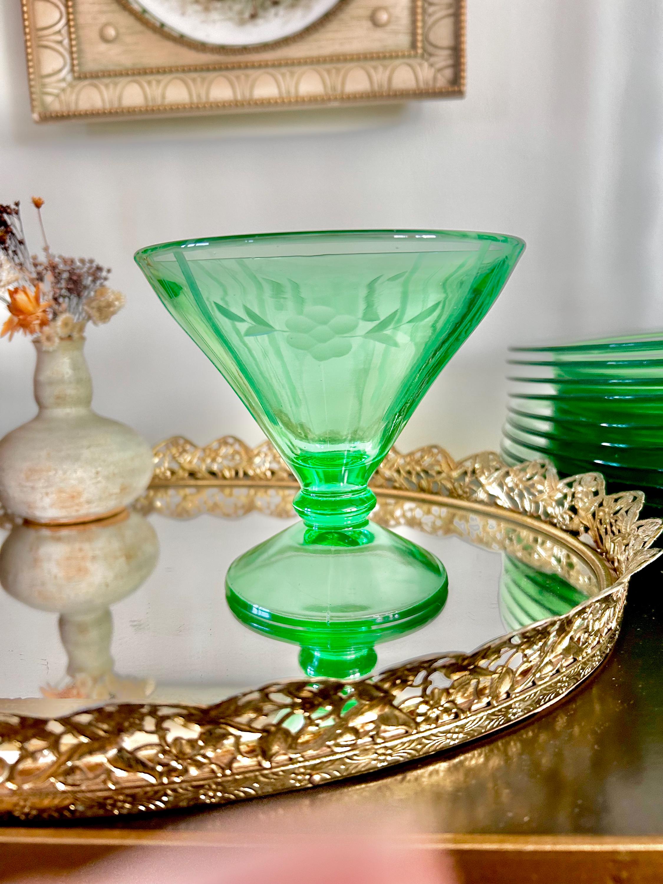 Vintage Uranium Green Heavy Pressed Glass Pedestal Sherbet Dish, Etched
