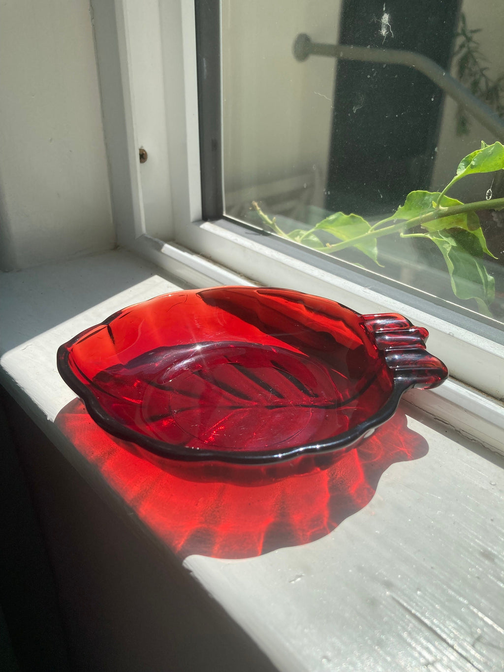 Anchor Hocking Ruby Red Glass Leaf Ashtray