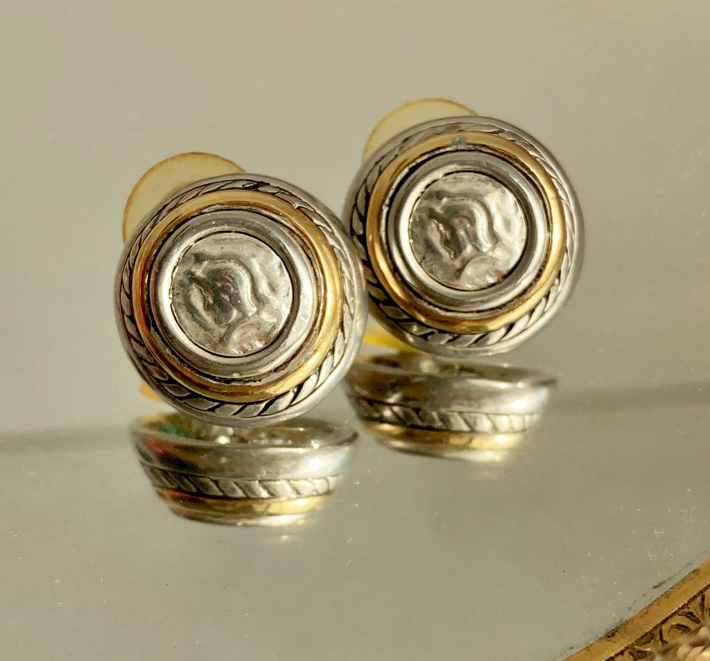 Vintage Roman-Coin-Button Gold and Silver Tone Blend Earrings for Pierced Ears
