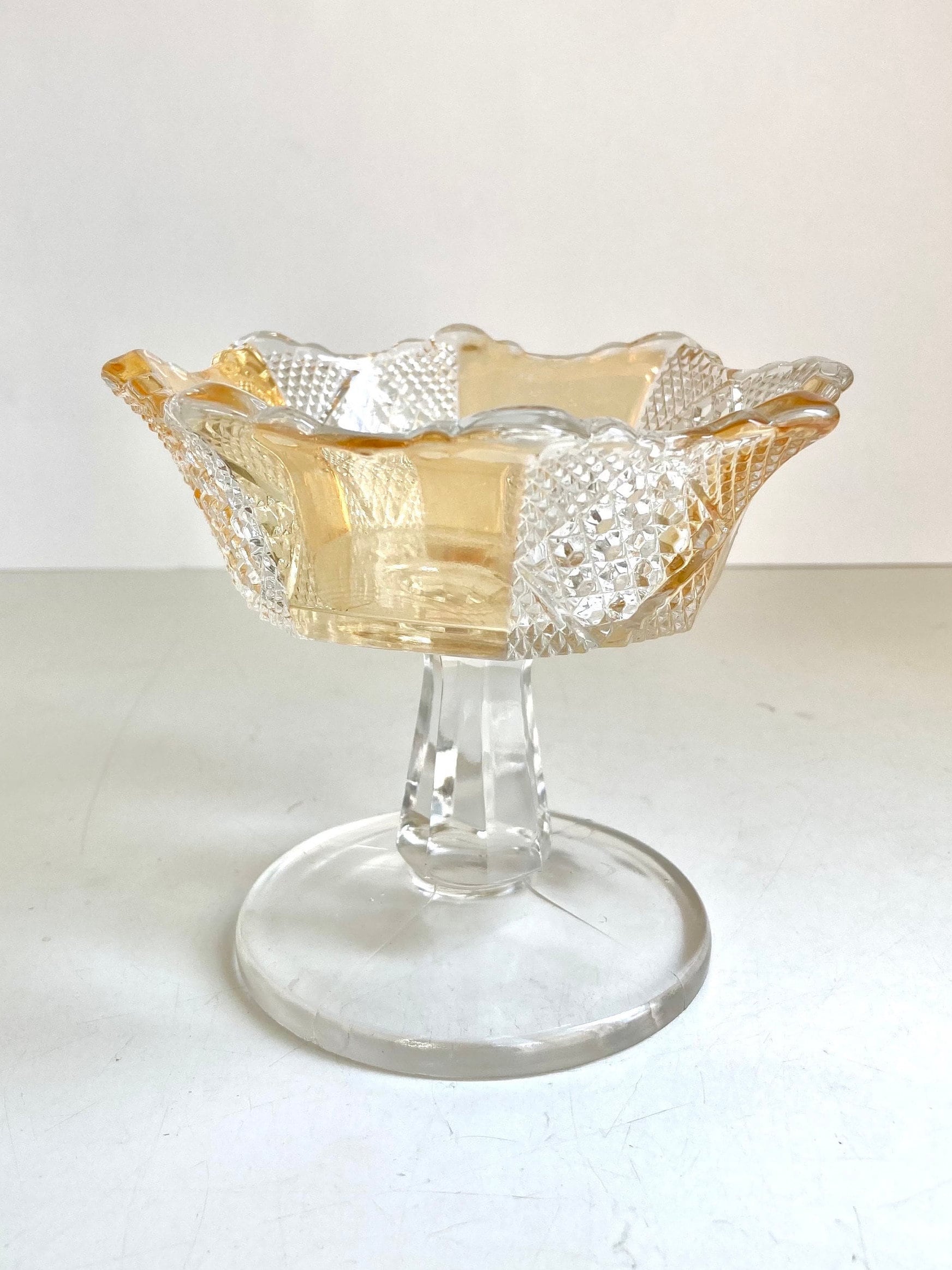 EAPG Amberette 8 Paneled Pedestal Compote Dish - Yellow and Clear, Scalloped Edge - 4.25" tall