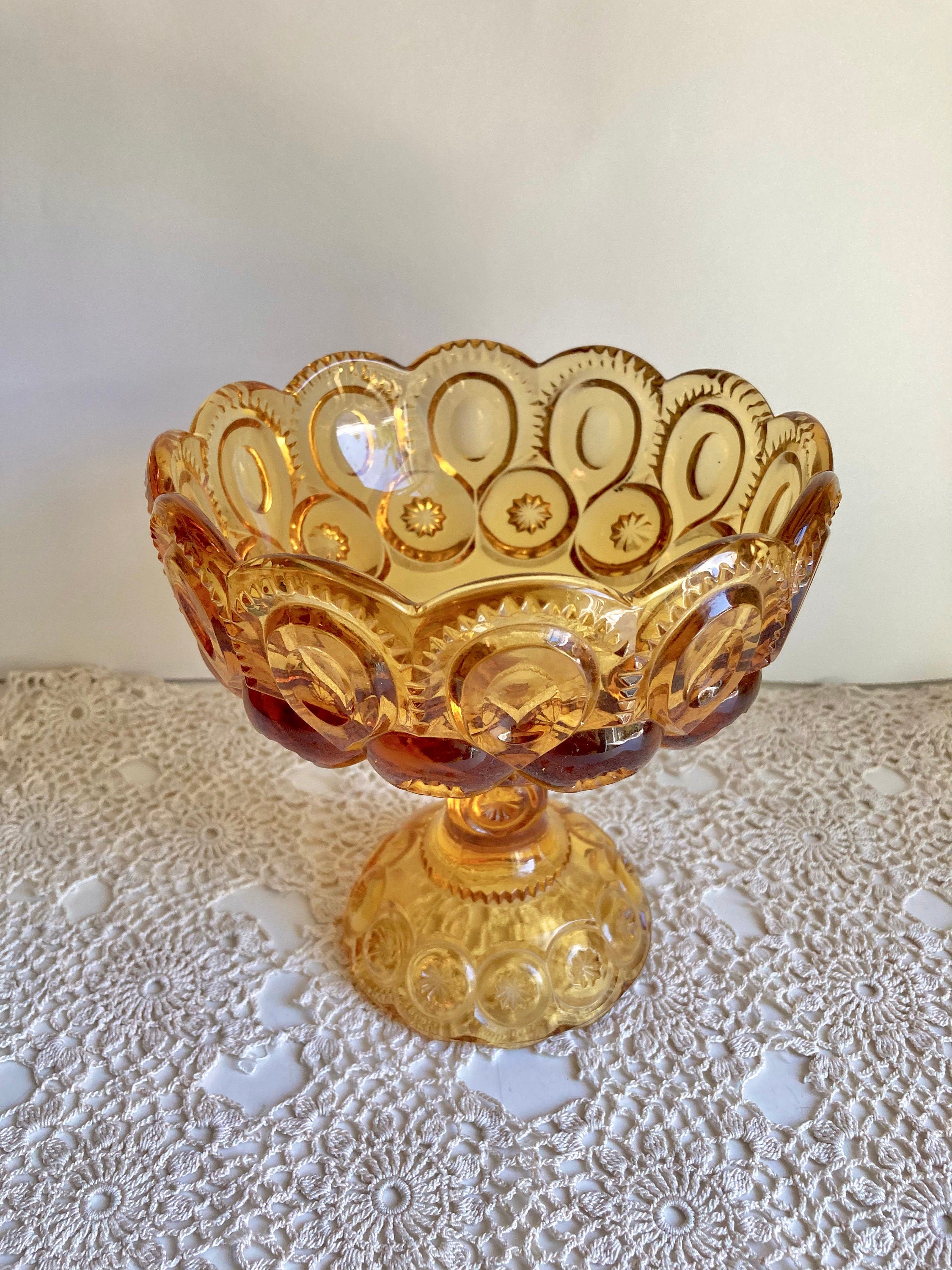 Vintage LE Smith Moon and Stars Amber Glass Pedestal Stem Compote