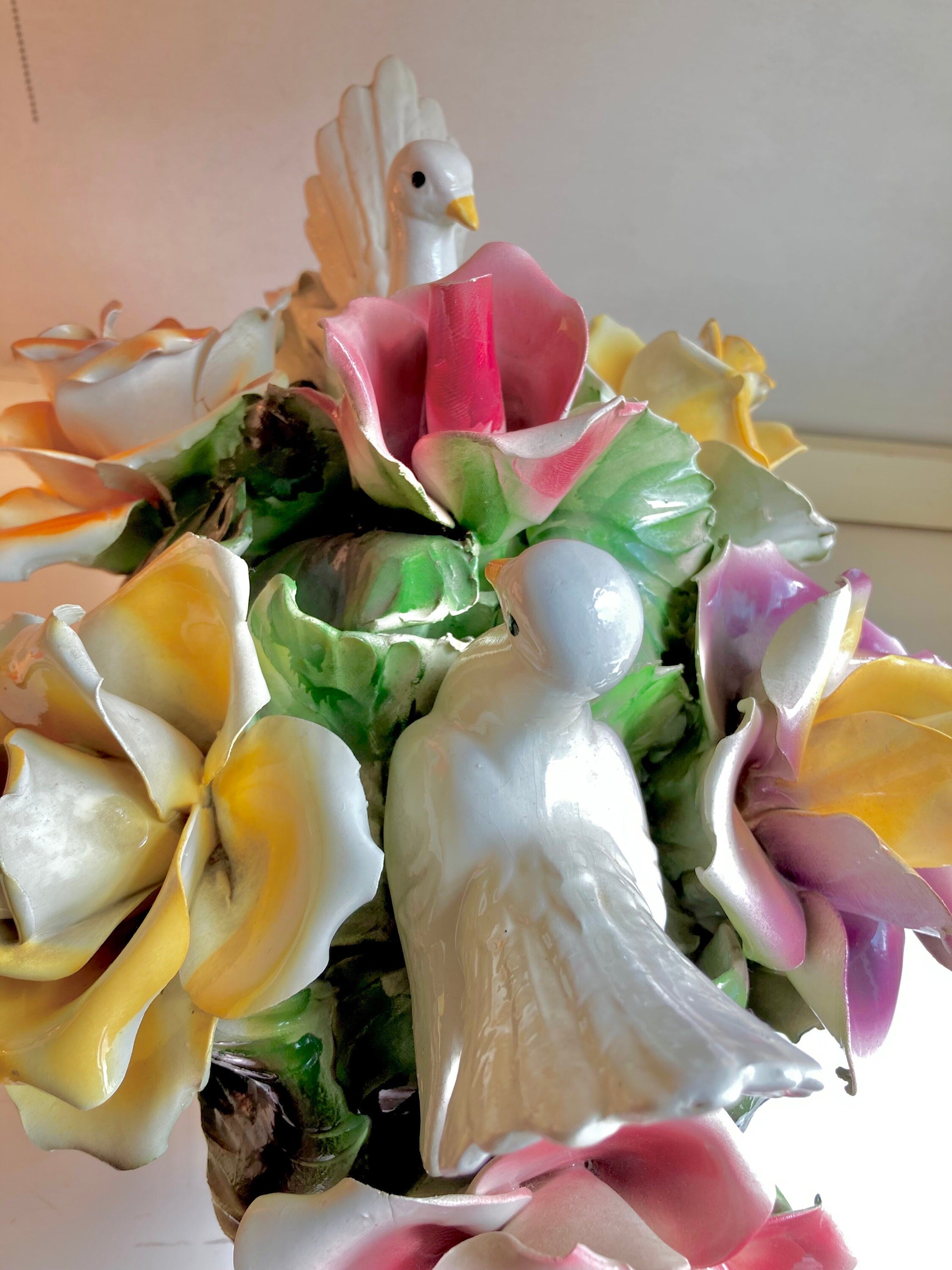 1970s Nuova Capodimonte 17" Grand Centerpiece with Pair of Doves, Basket of Roses