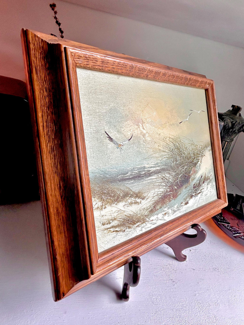 Vintage Seaside Painting - Original Signed Beach Scene in Oak Frame