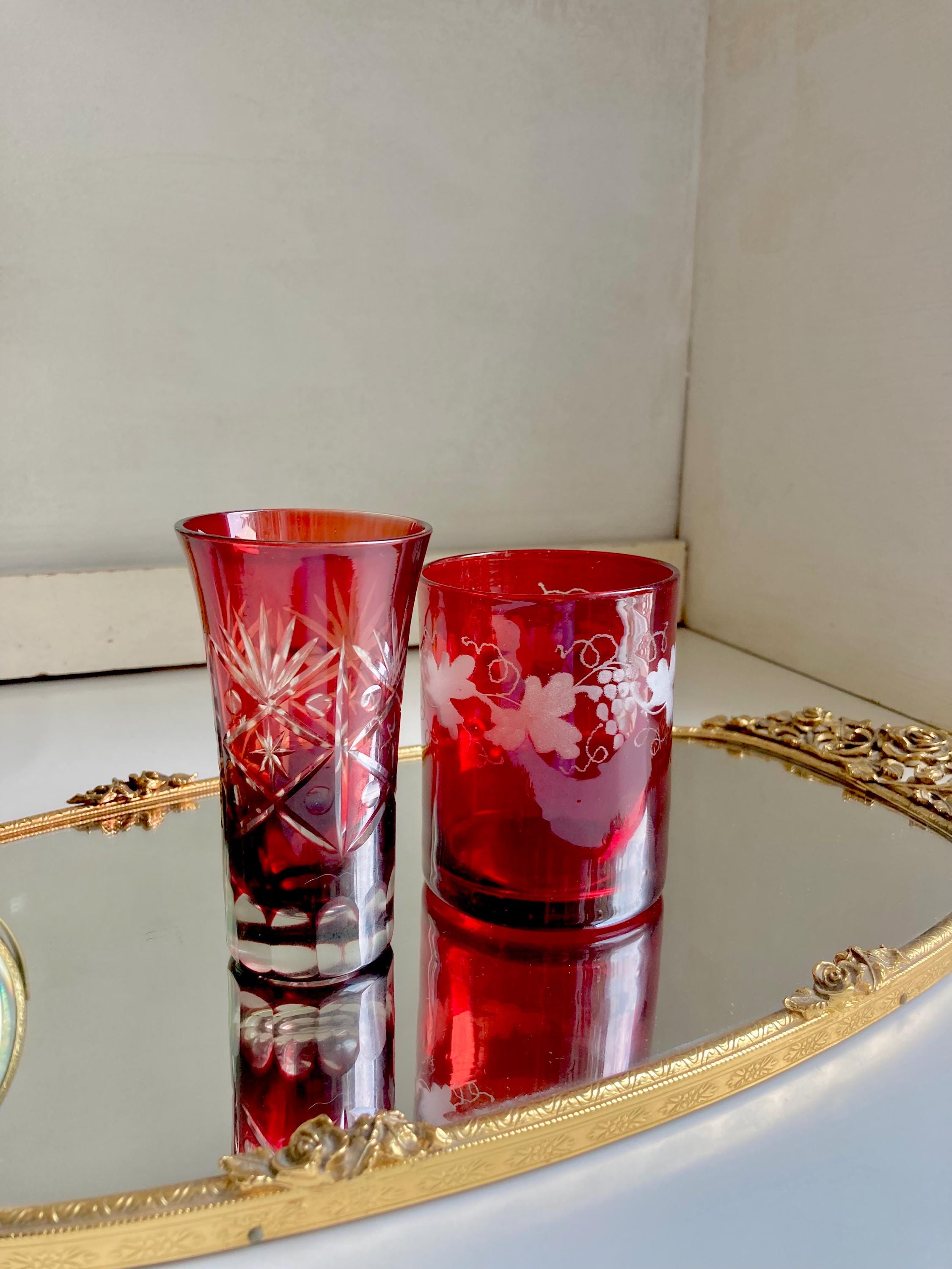 Vintage Ruby Red Flashed Etched/Cut-to-Clear Bohemian Glasses-choose from 2