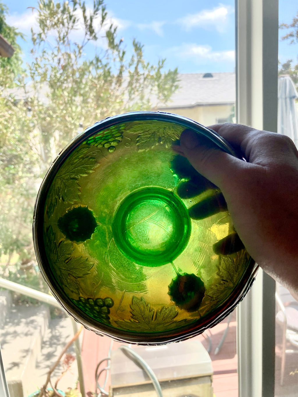 Vintage Fenton green Emerald Carnival Glass Three Footed Grape Vine Bowl - Fair Condition - a Beauty!