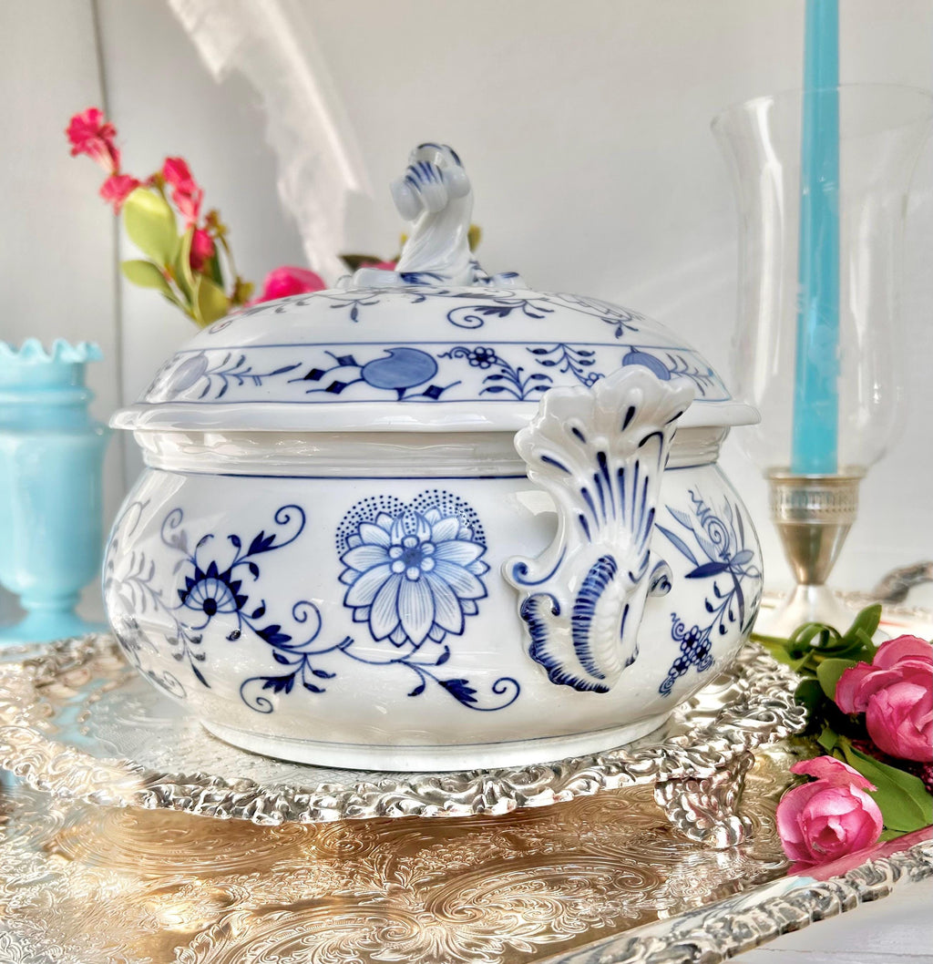 Meissen Porcelain Blue Onion Tureen - Blue Sword Backstamp Scroll Finial Lid - Newer production