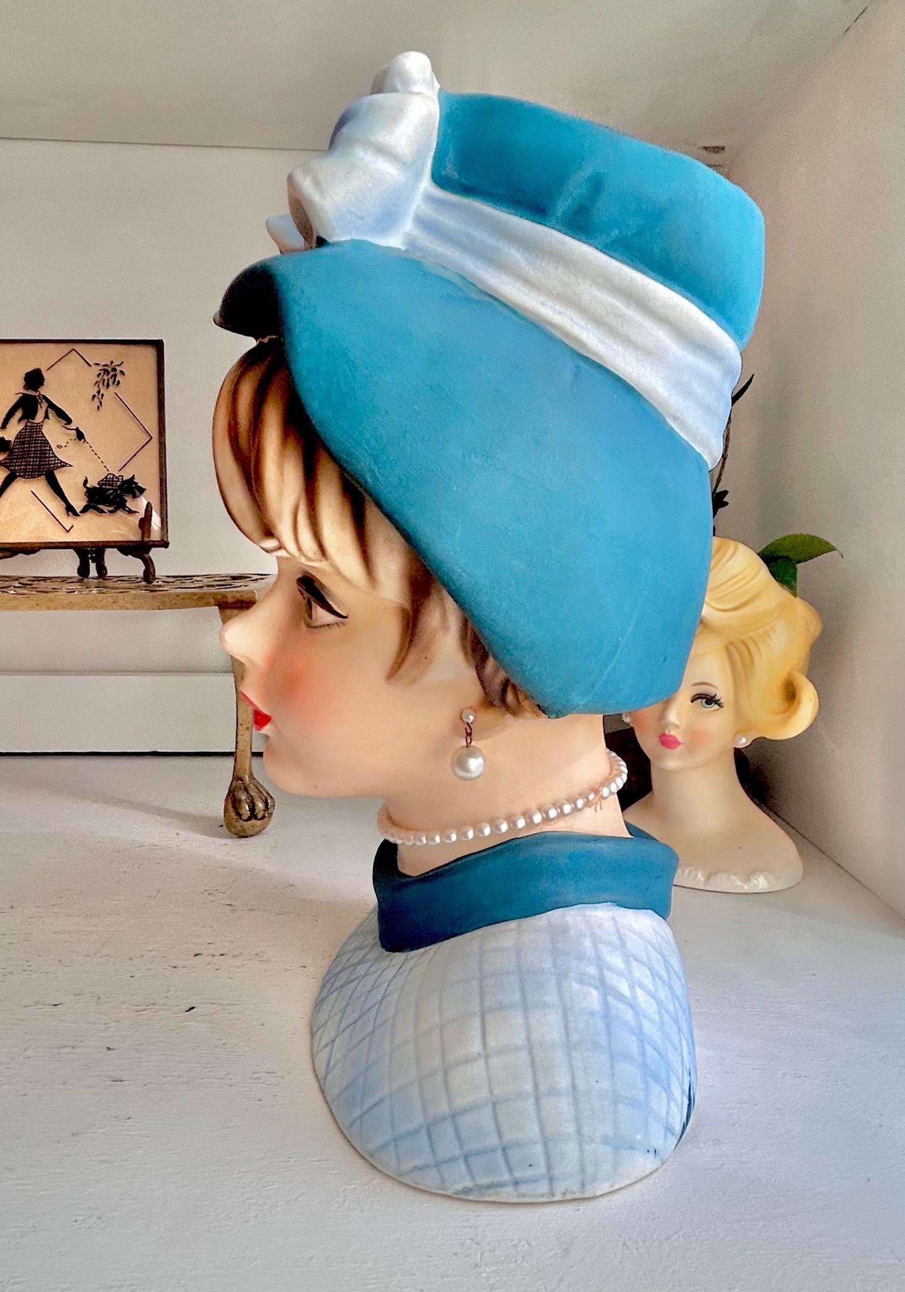 Vintage Napcoware LARGE Head Vase: 1960s Lady with Teal Blue Hat, Pearls