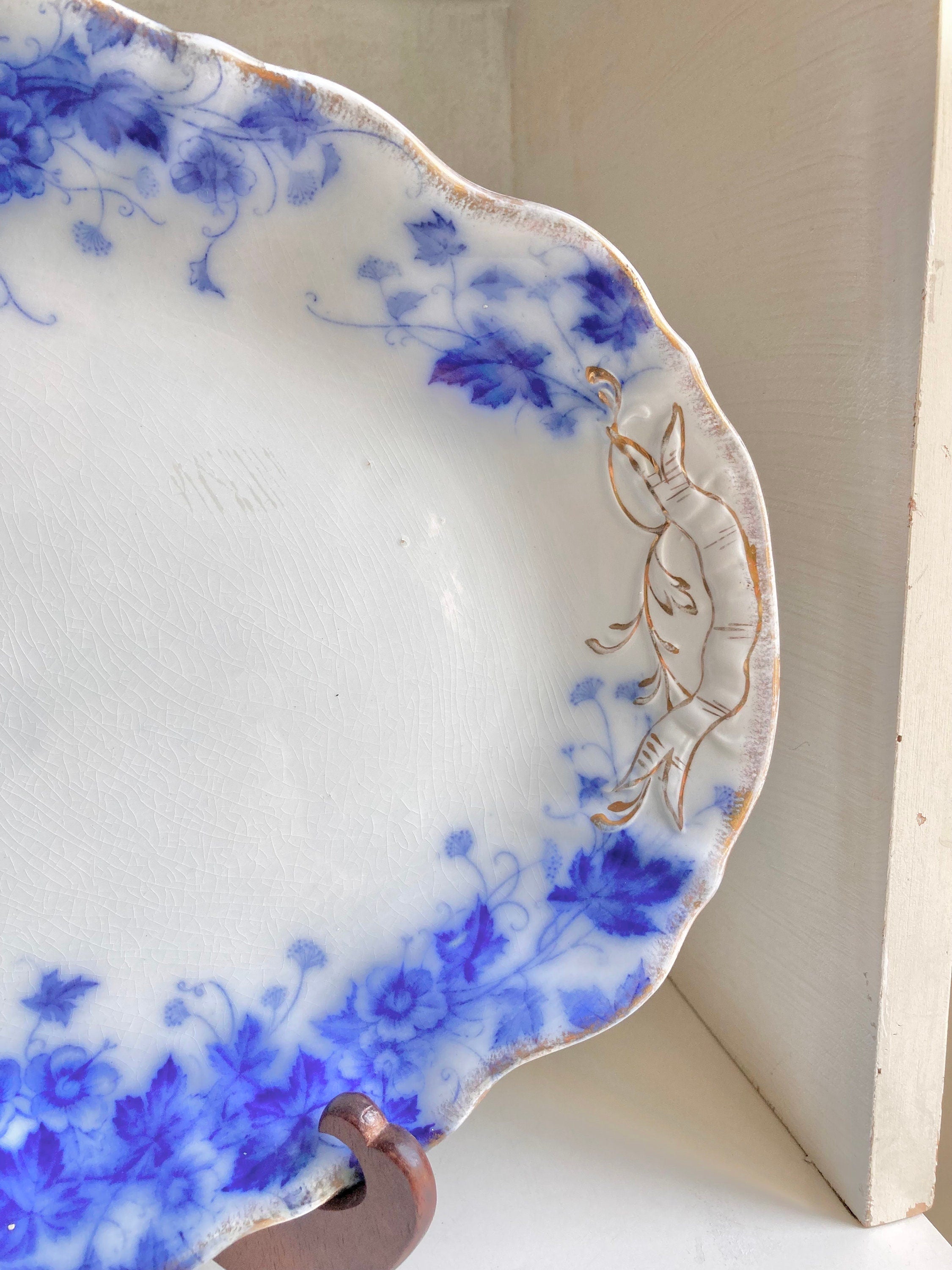 Antique Flow Blue Serving Platter: Royal Semi Porcelain Floral Plate, 14.5"