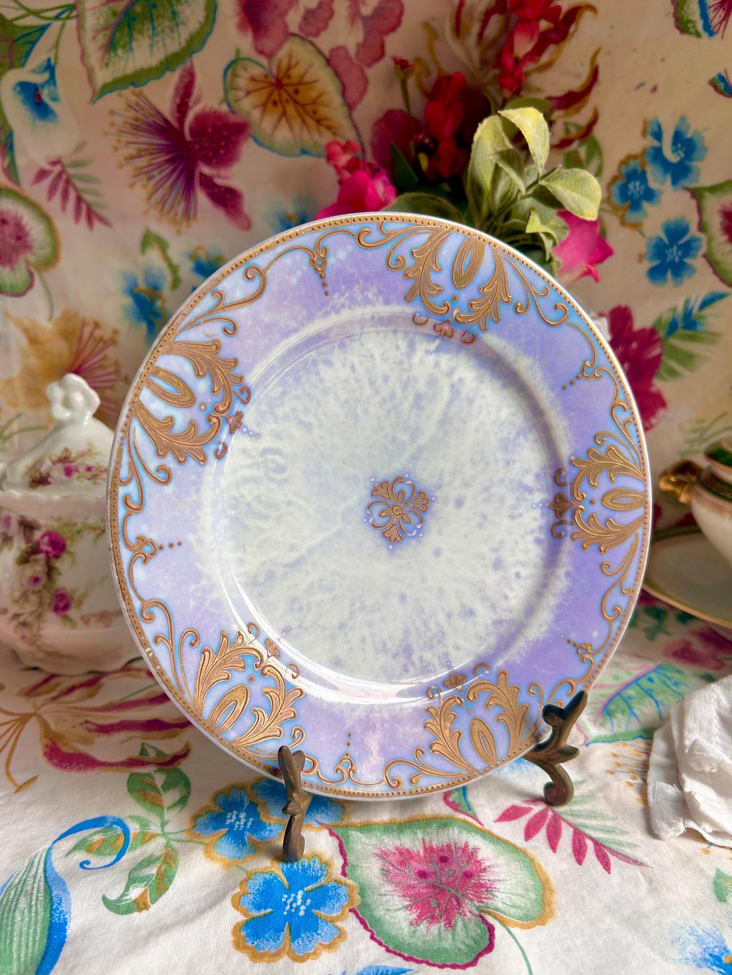 Vintage Purple Lusterware Plate: Gold Filigree Trim, RS Japan