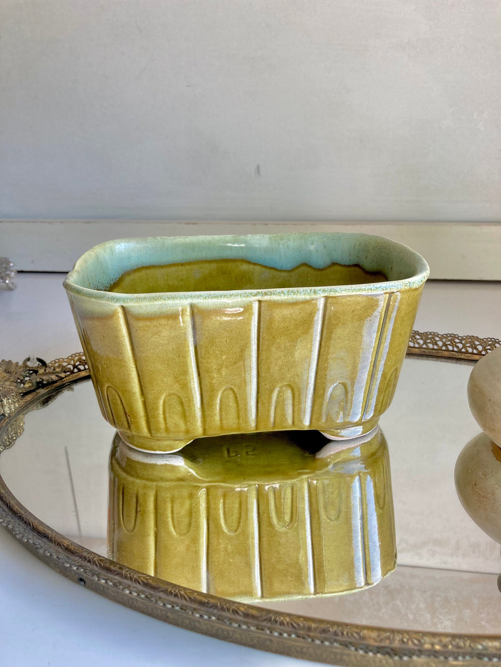 Mid Century Modern Hand Made Ceramics - Drip Glaze Olive Green Planter