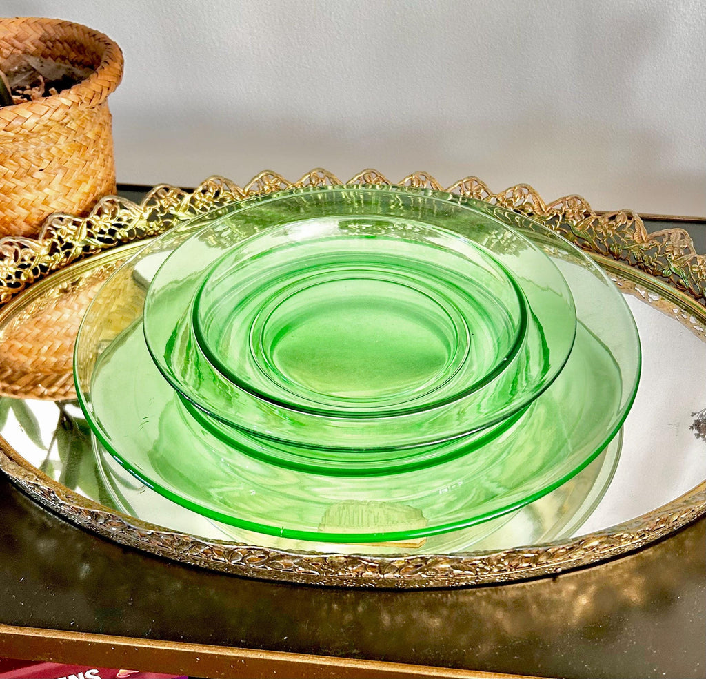 Vintage Uranium Green Heavy Pressed Glass Two-piece Dining Set