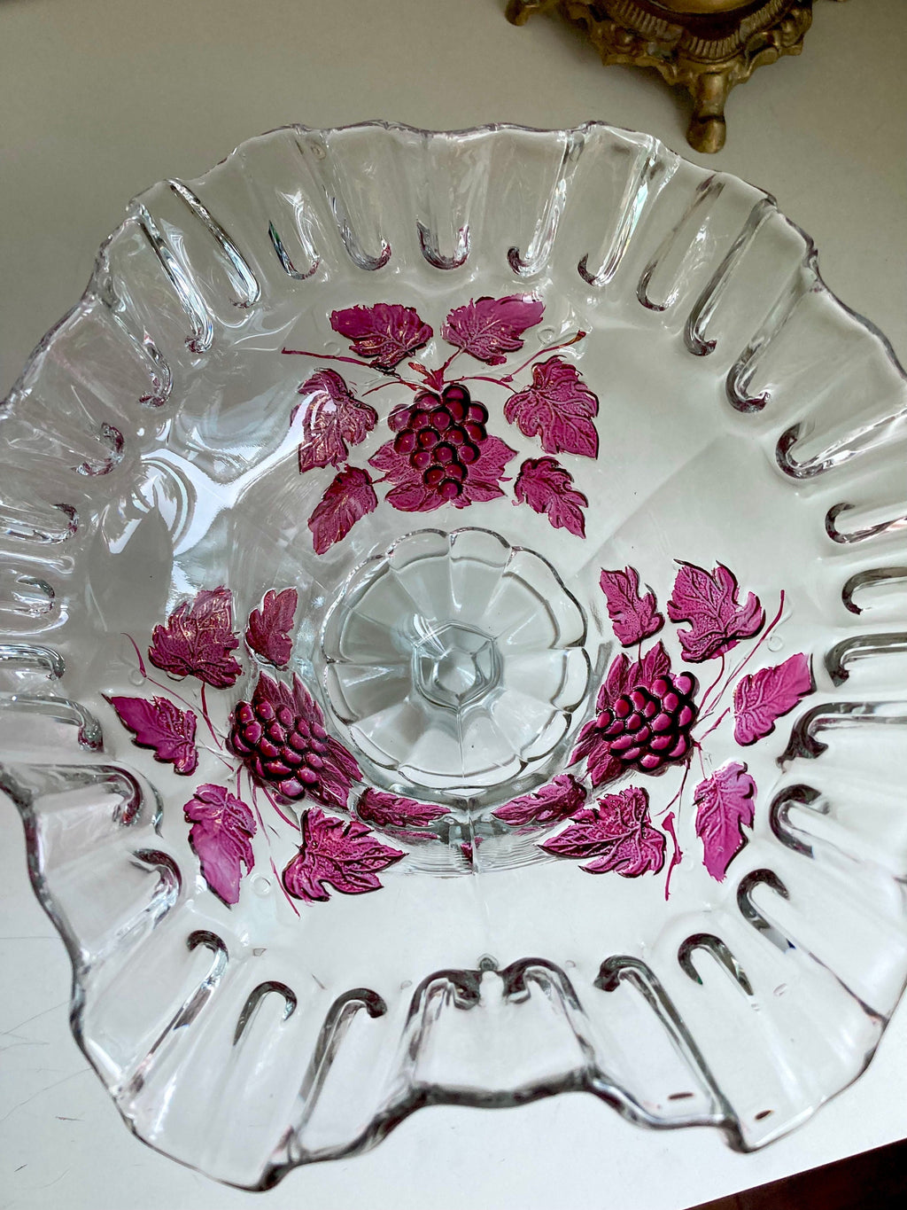 Vintage Westmoreland Crimped Edge Clear Glass Paneled Compote with Ruby Flashed Grapevines Pattern