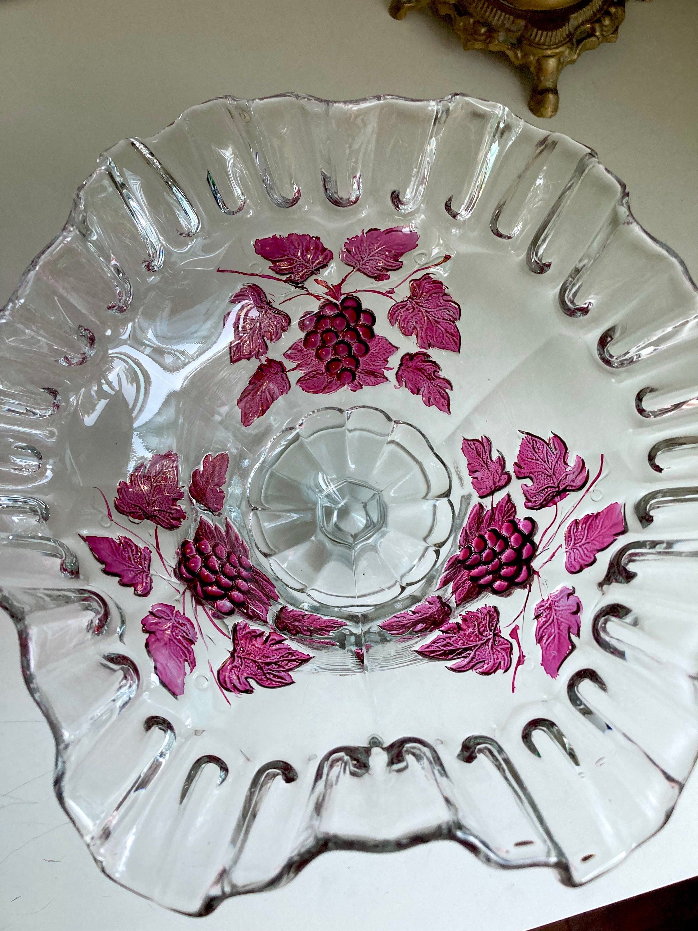 Vintage Westmoreland Crimped Edge Clear Glass Paneled Compote with Ruby Flashed Grapevines Pattern