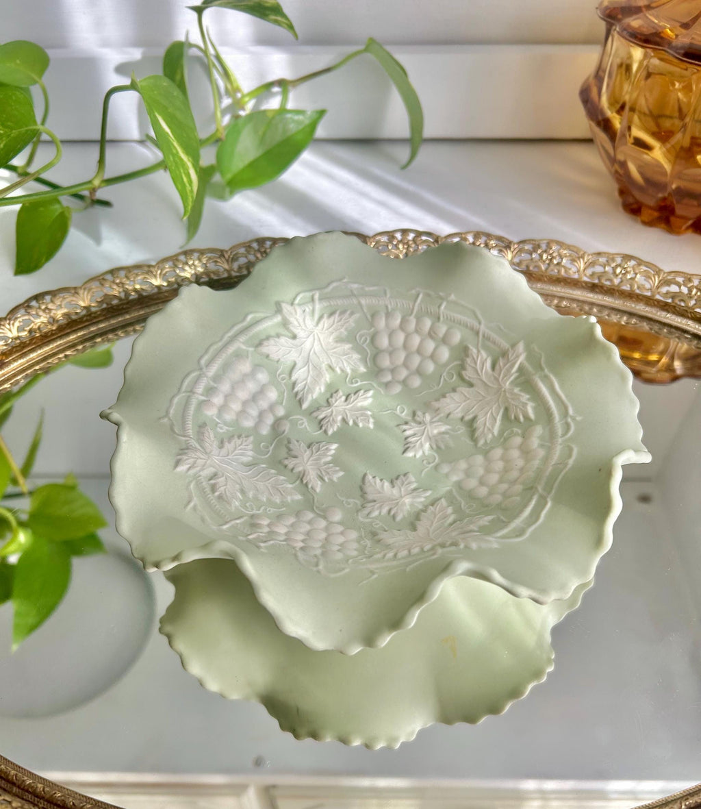 Vintage Bisque Ruffled Bowl: Pale Green Grape Vine Pattern
