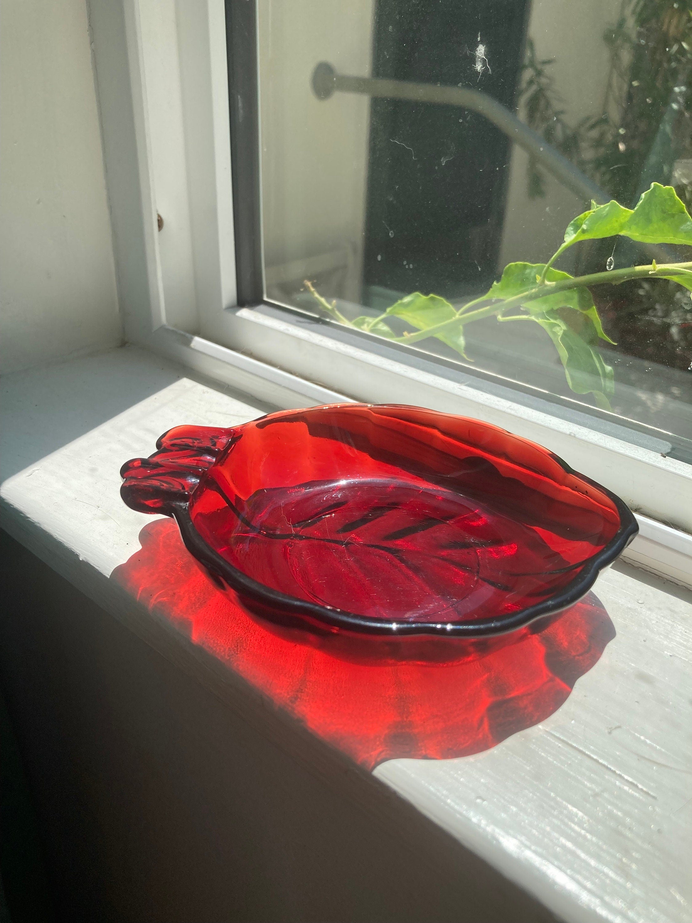 Anchor Hocking Ruby Red Glass Leaf Ashtray