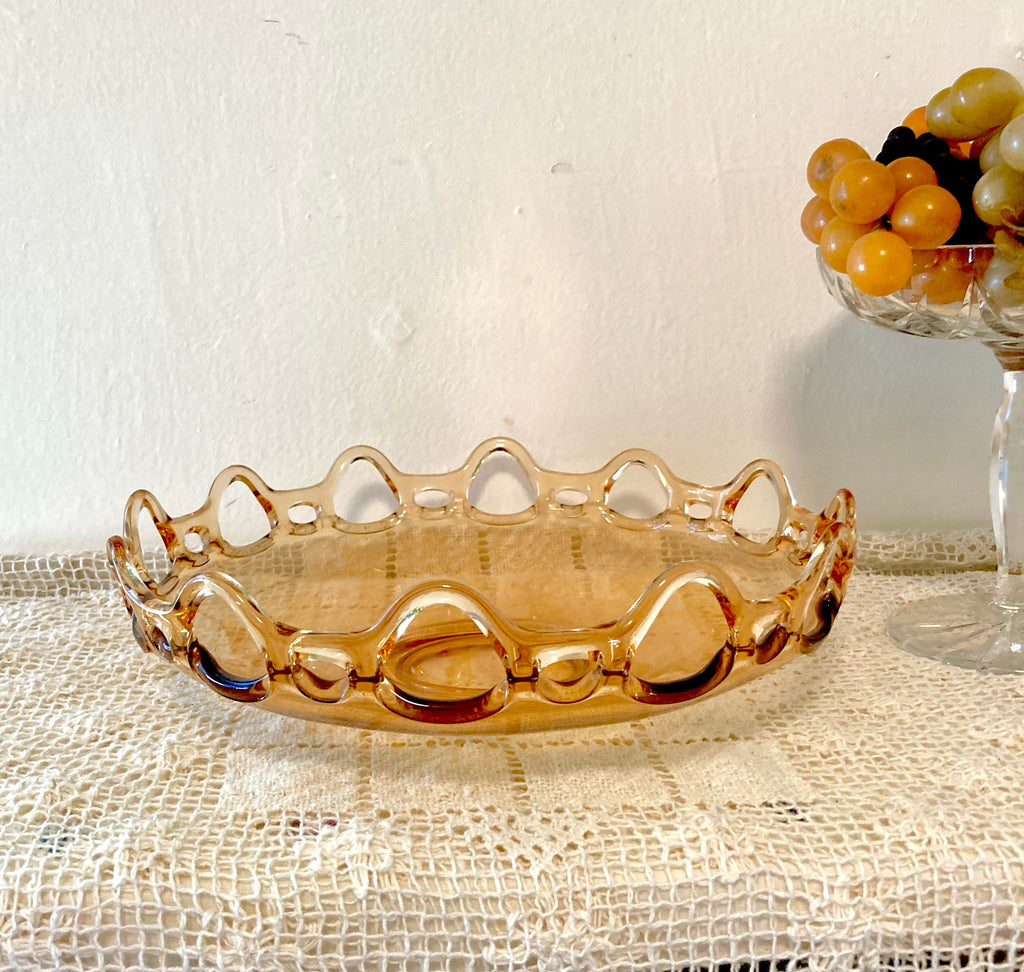Fostoria Amber Glass 11" Console Bowl - Open Lace Edge Pattern #2320 - circa 1930
