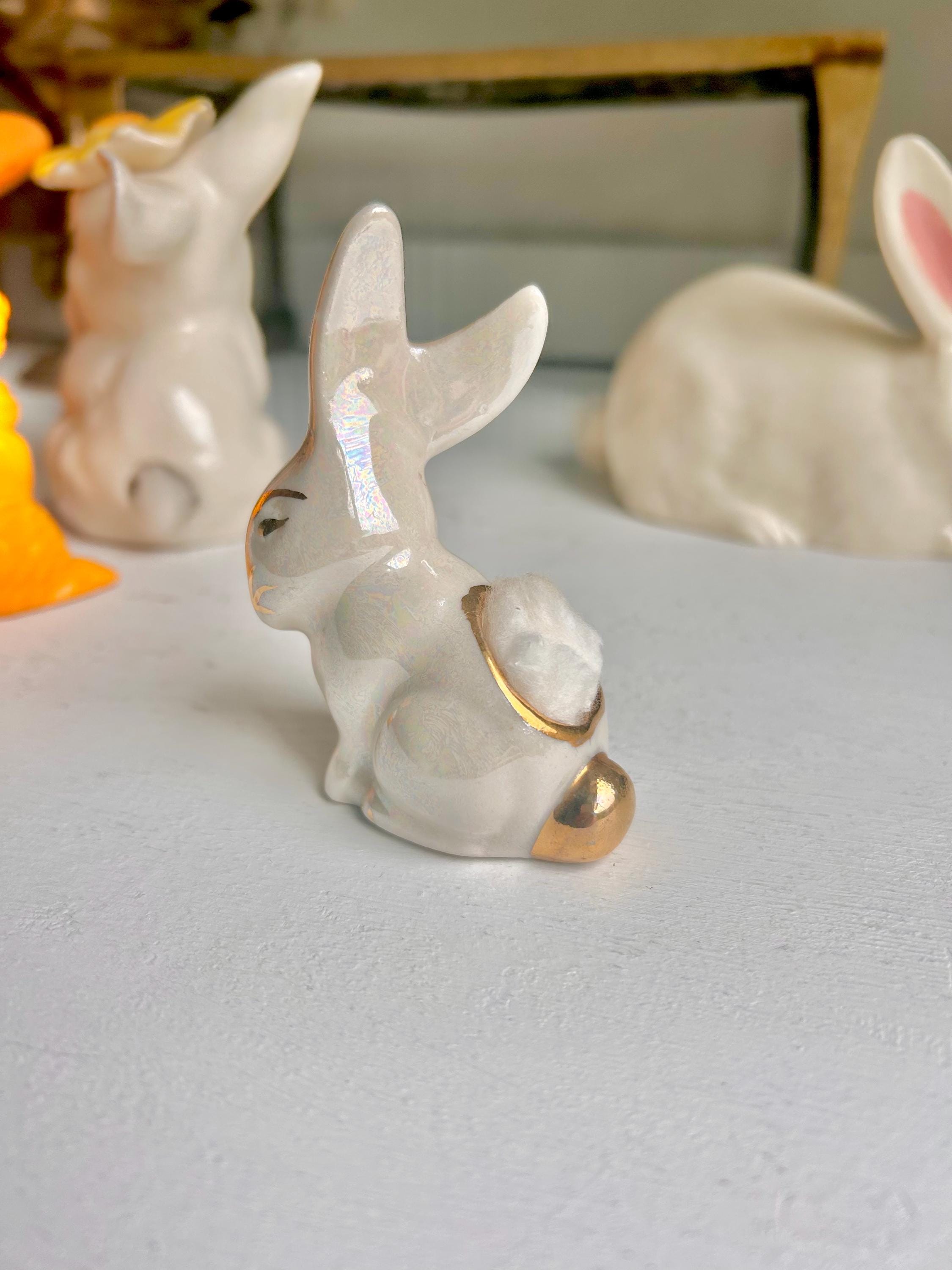 Vintage Ceramic Bunny Figurines: Cottontail Cotton Ball Dispenser