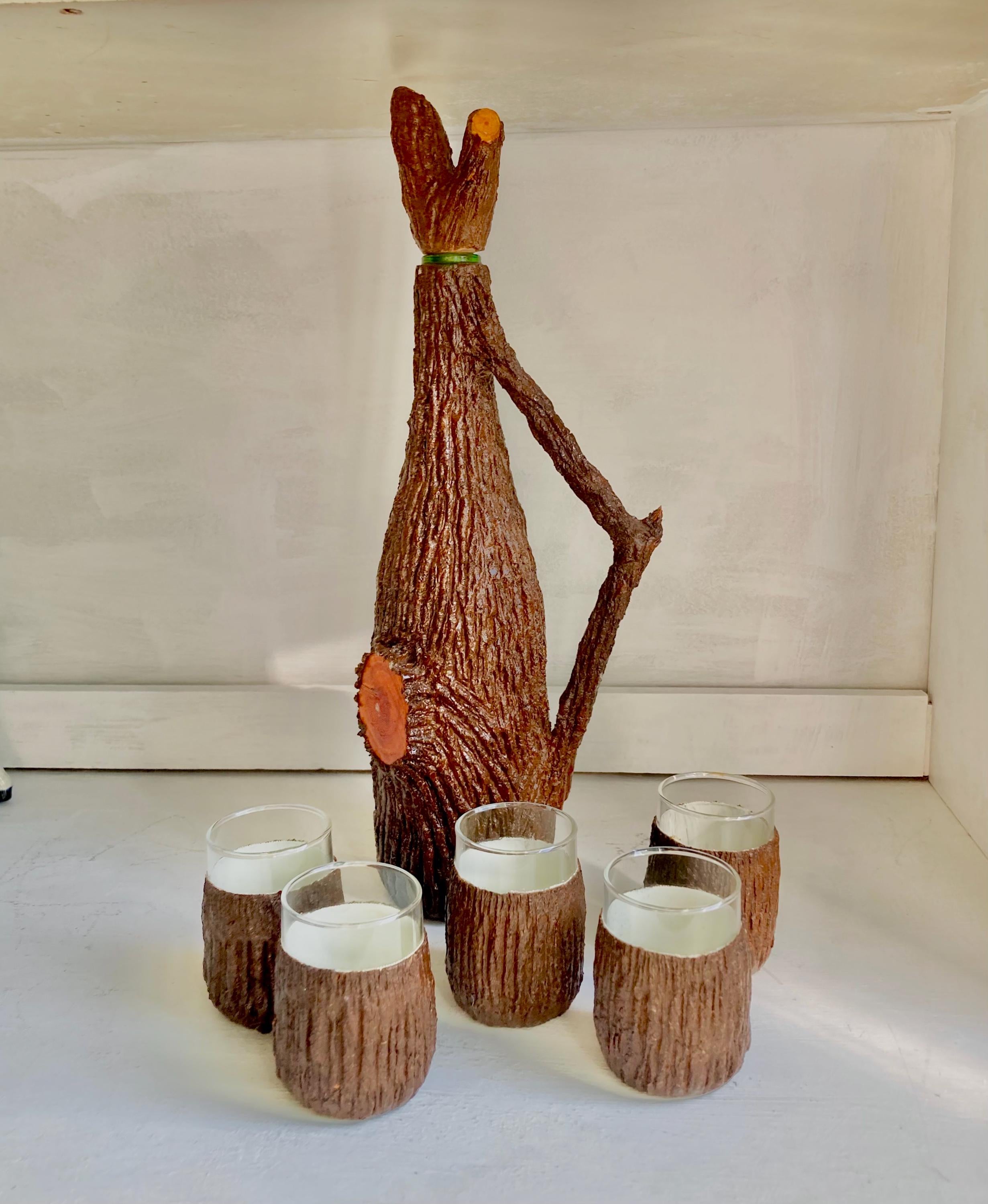 Vintage Faux Bois Decanter Set: Mid-Century Cordial Cups, Tree Bark Design