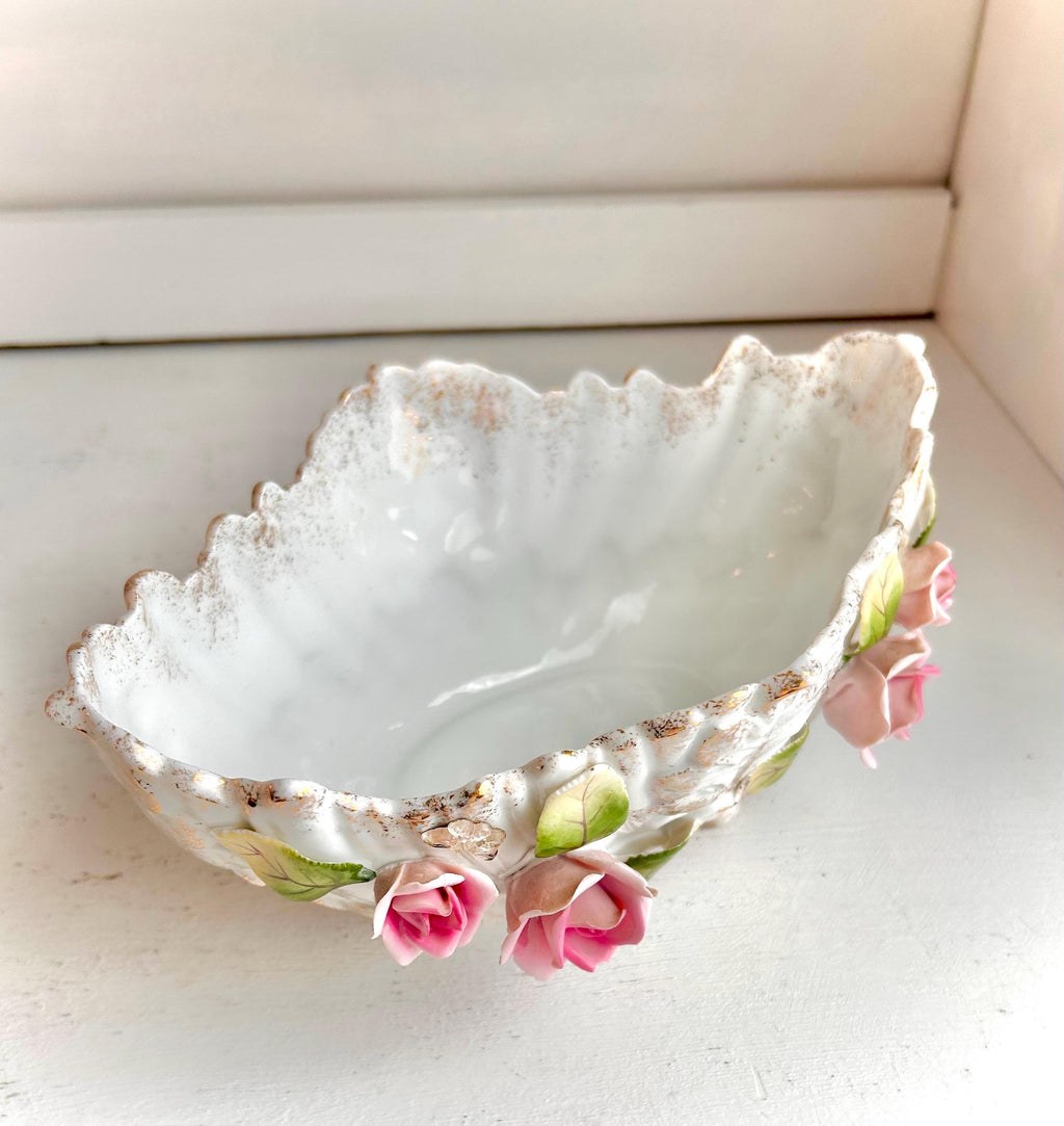 Vintage LEFTON Ceramic Footed Bowl: Pink Roses, Rhinestone Butterflies