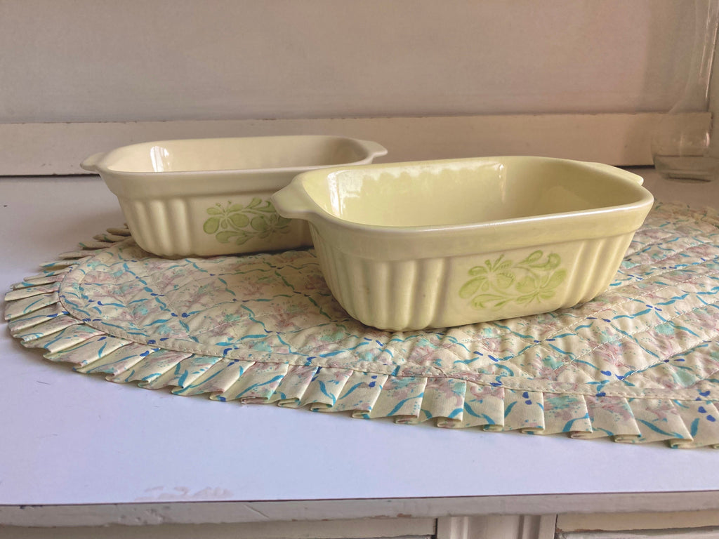 Vintage Pfaltzgraff Loaf Casserole Dishes: Pale Lemon Floral Stoneware, Set of 2