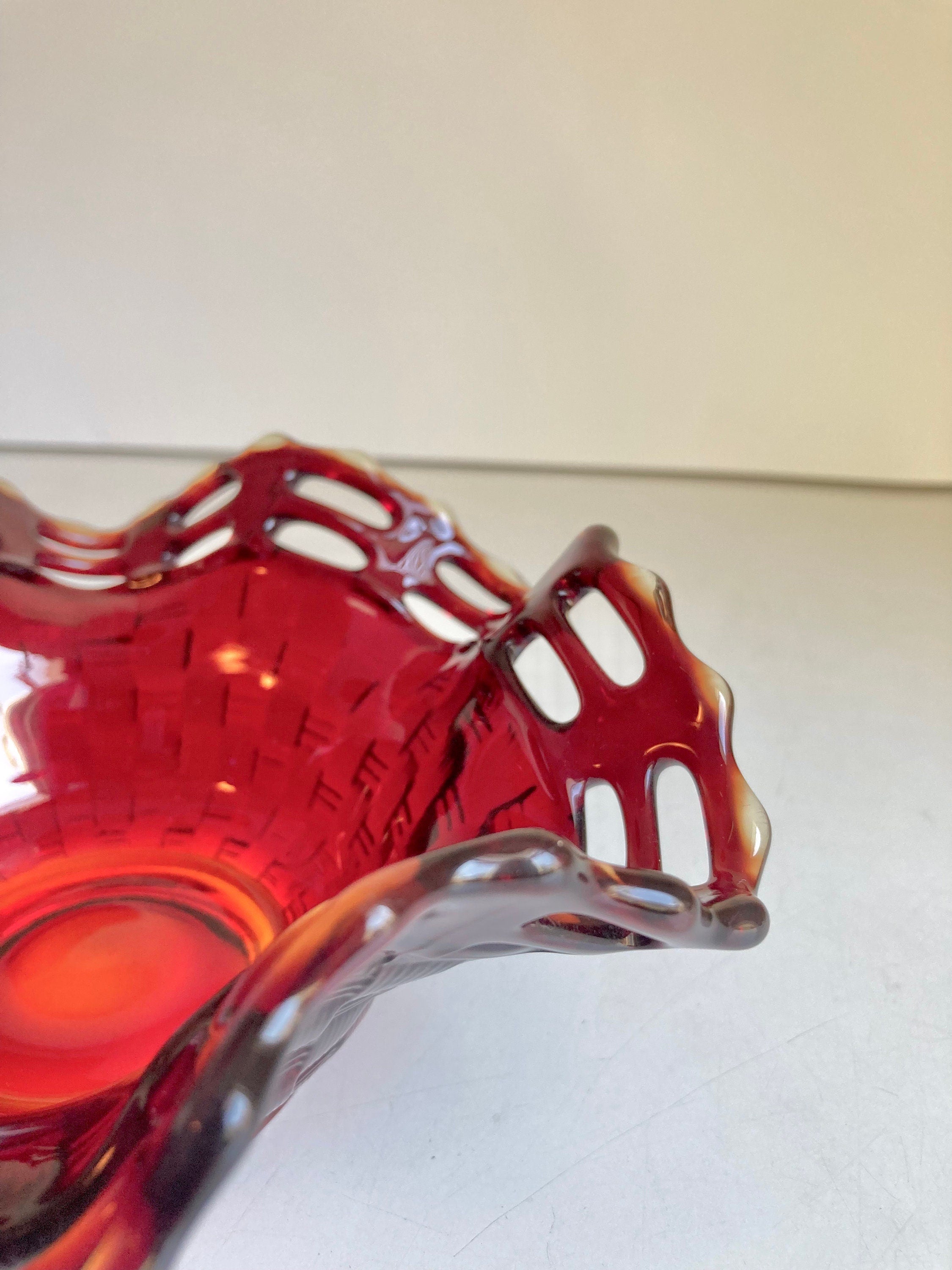 Vintage Fenton Amberina Glass Bowl: Basket Weave Lattice Rim, 6”