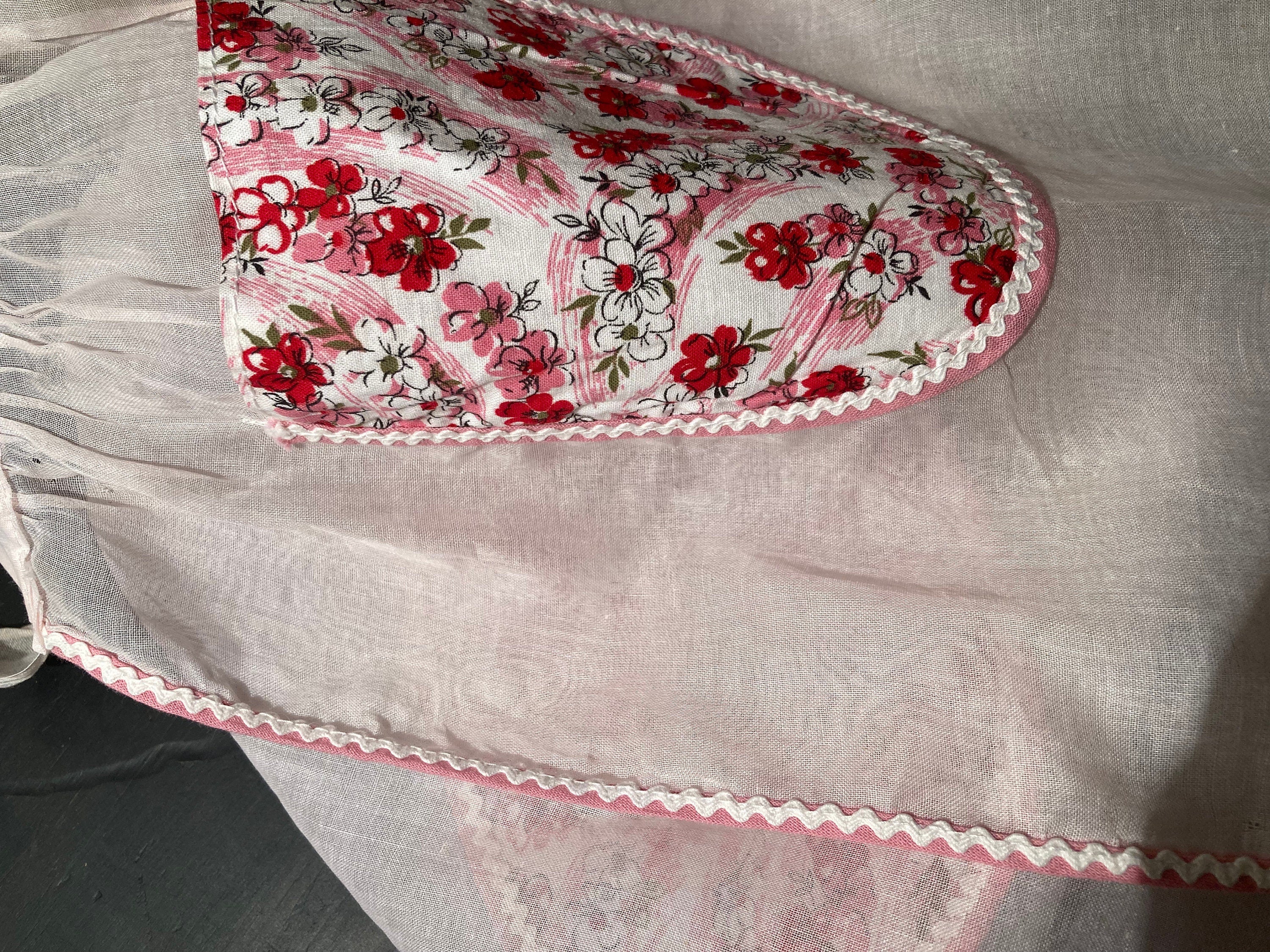 Vintage Pink Floral Organdy Apron: Hand-stitched Hostess Style
