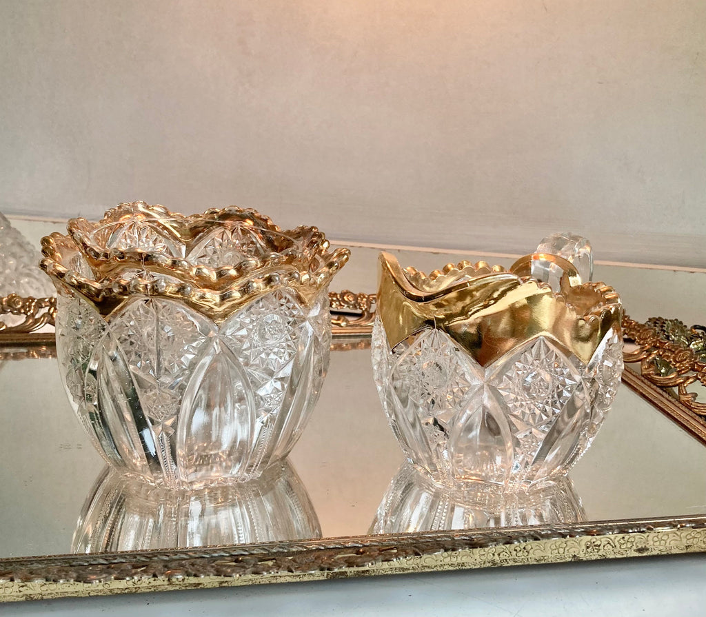 Vintage EAPG Gold Rim Glass Set: Sawtooth Biscuit Bowl, Sugar Bowl, Creamer