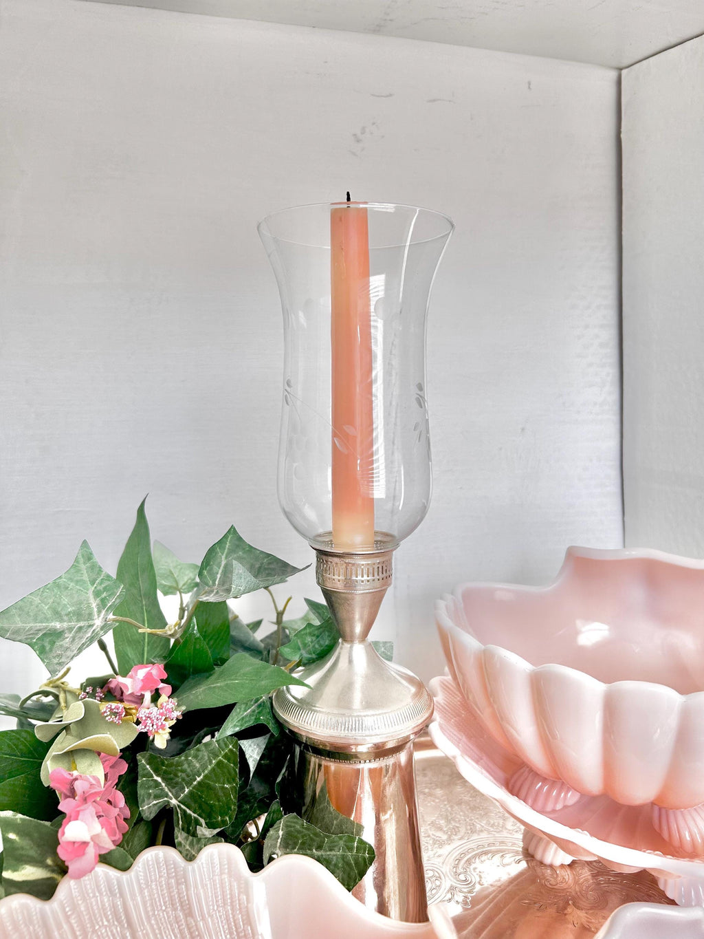 Vintage Weighted Sterling Silver Hurricane Candle Holder with Etched Grape Shade
