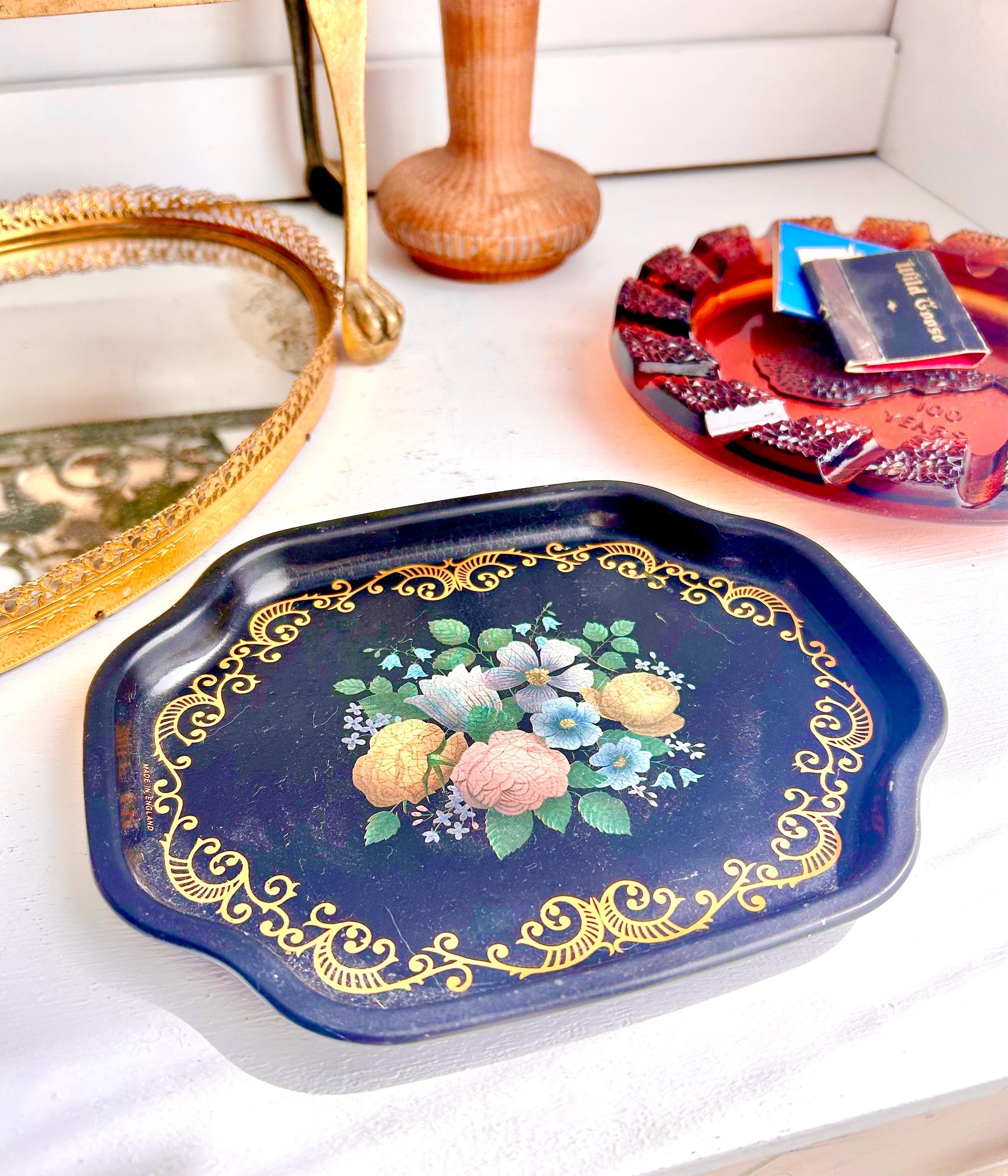 Vintage Floral Tray: Black & Gold Filigree, Made in England (7 Inch)