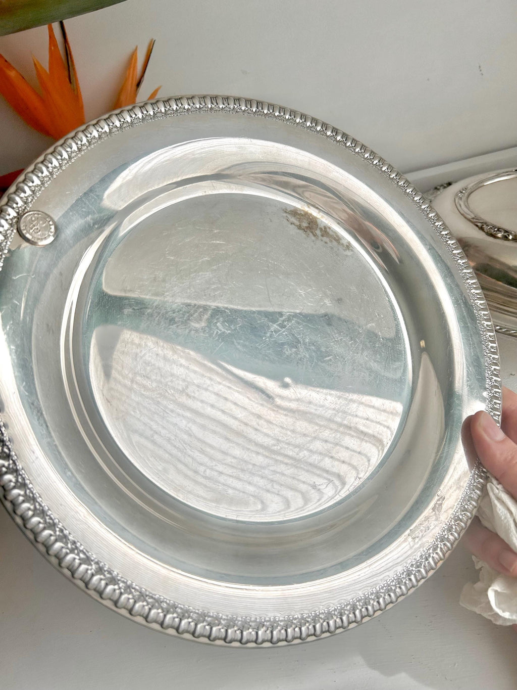 Vintage Wilcox Silver-Plated Platter: Brandon Hall Gadroon Rim, Hollywood Musketeers