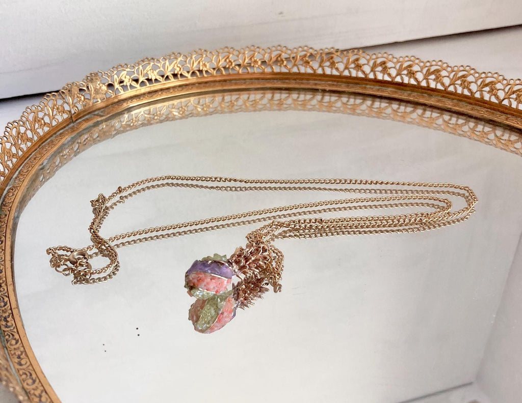 Vintage Semi-precious Stone Encrusted Pineapple Gold-tone Pendant on Long 24-inch gold-tone Chain