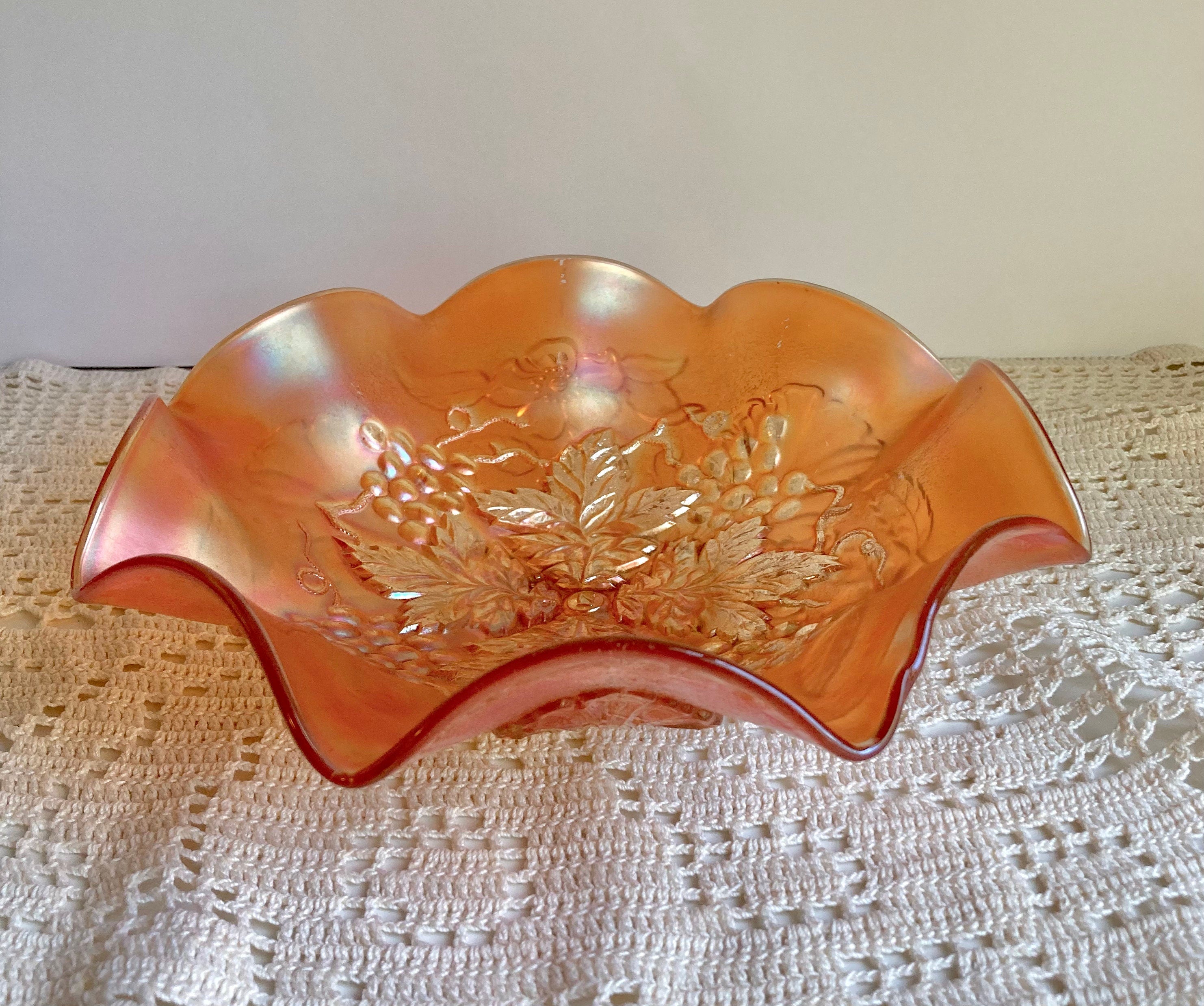 Antique Northwood Marigold Carnival Glass Ruffled Bowl: Grape Cable & Blossom Palm, c. 1910