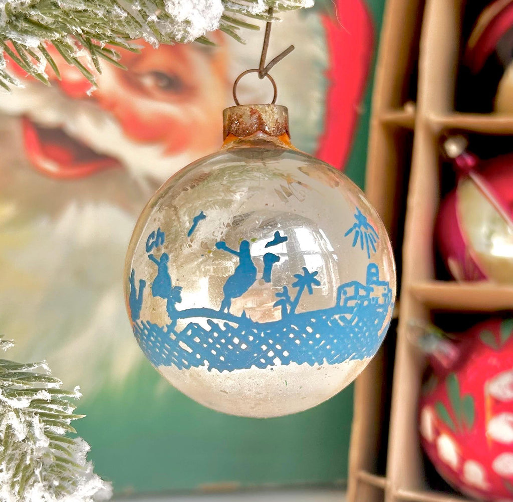 Vintage Stenciled Glass Christmas Ornament: Flocked Holiday Bulbs, USA Made