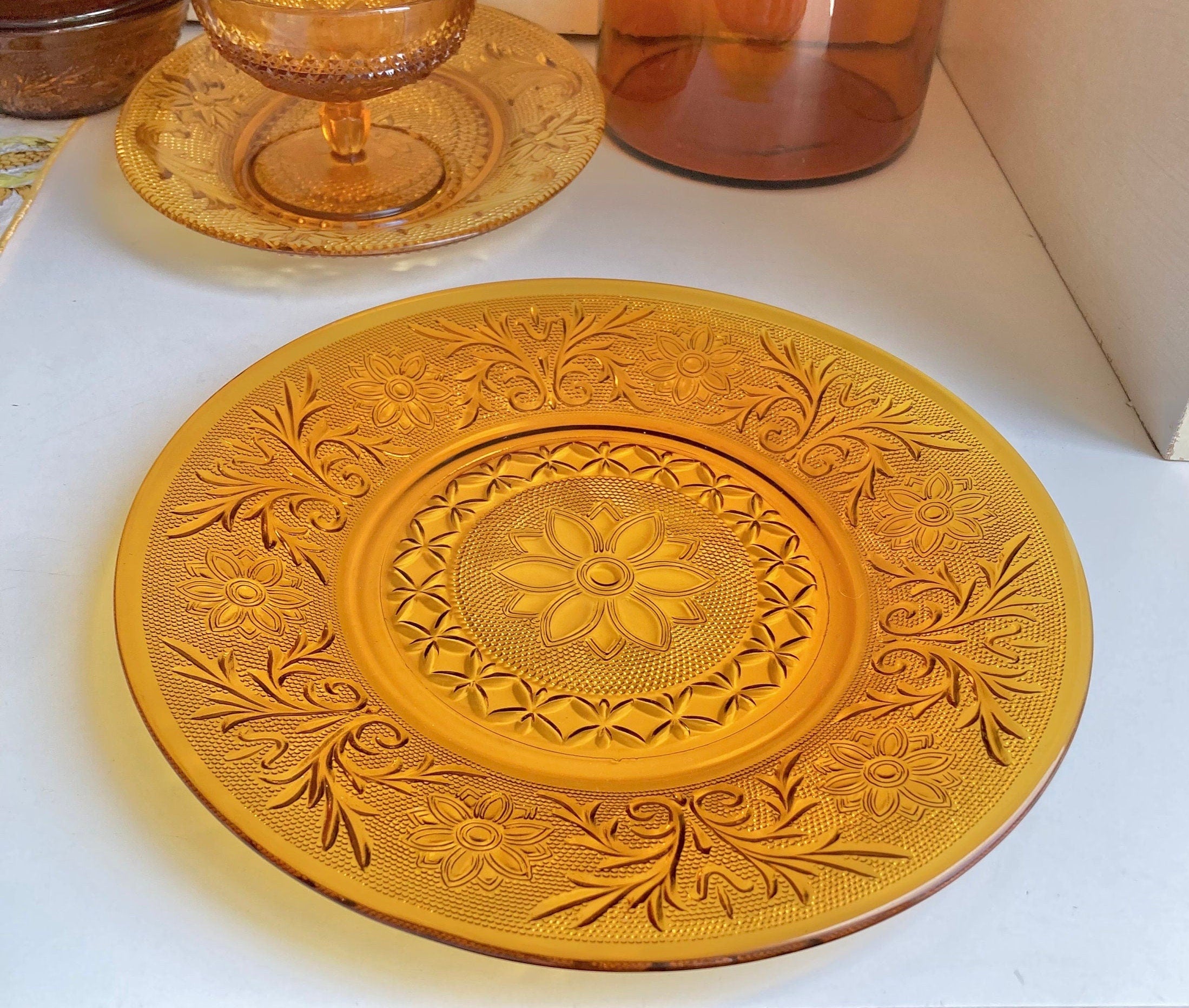 Vintage Anchor Hocking Amber Glass Dishes- Sandwich - Desert Gold Glassware