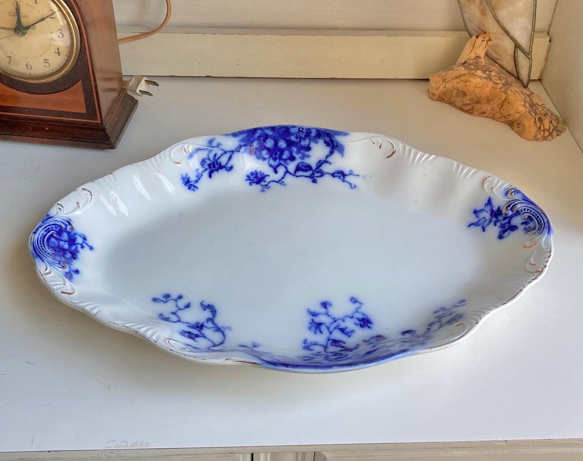 Antique Grindley Flow Blue Platter: 16" Floral Foliage, Gilding