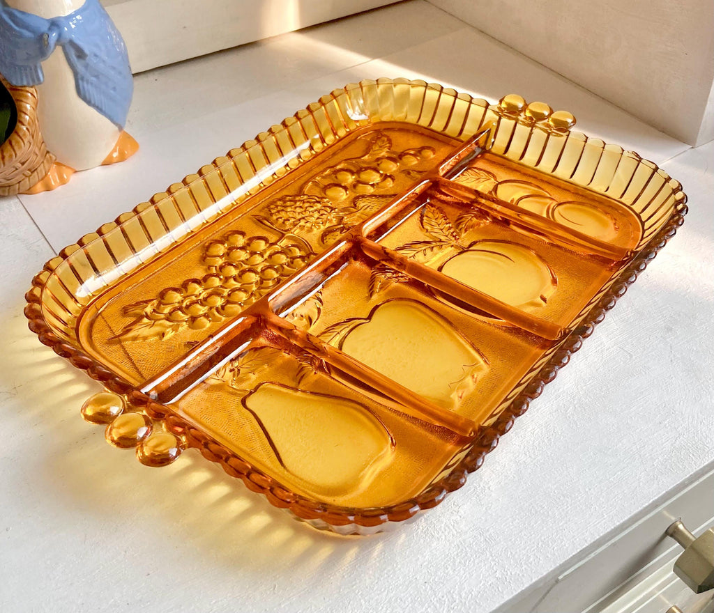 Vintage Amber Glass Tray: Indiana Glass Harvest Divided Platter