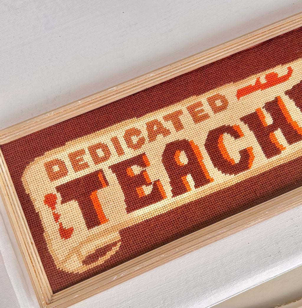 Vintage Framed Needlepoint Art: "Dedicated Teacher" Crewel Yarn Picture