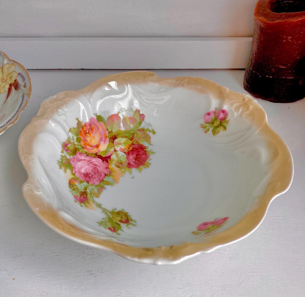 Vintage Bavarian Porcelain Bowl: Floral Appliqué, Luster Ruffled Rim
