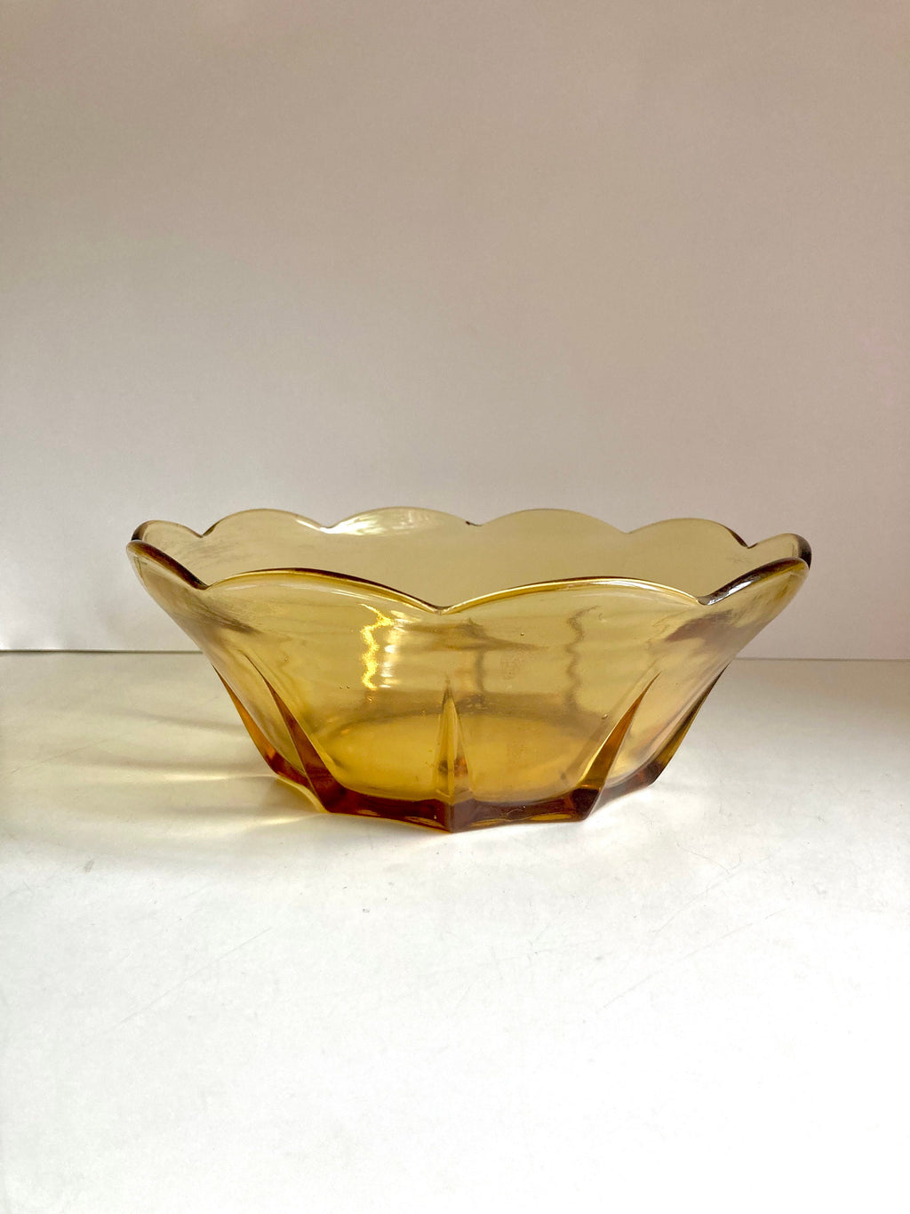 MCM Amber Glass Flower Bowl: Anchor Hocking Scalloped Bowl, 1960s Vintage