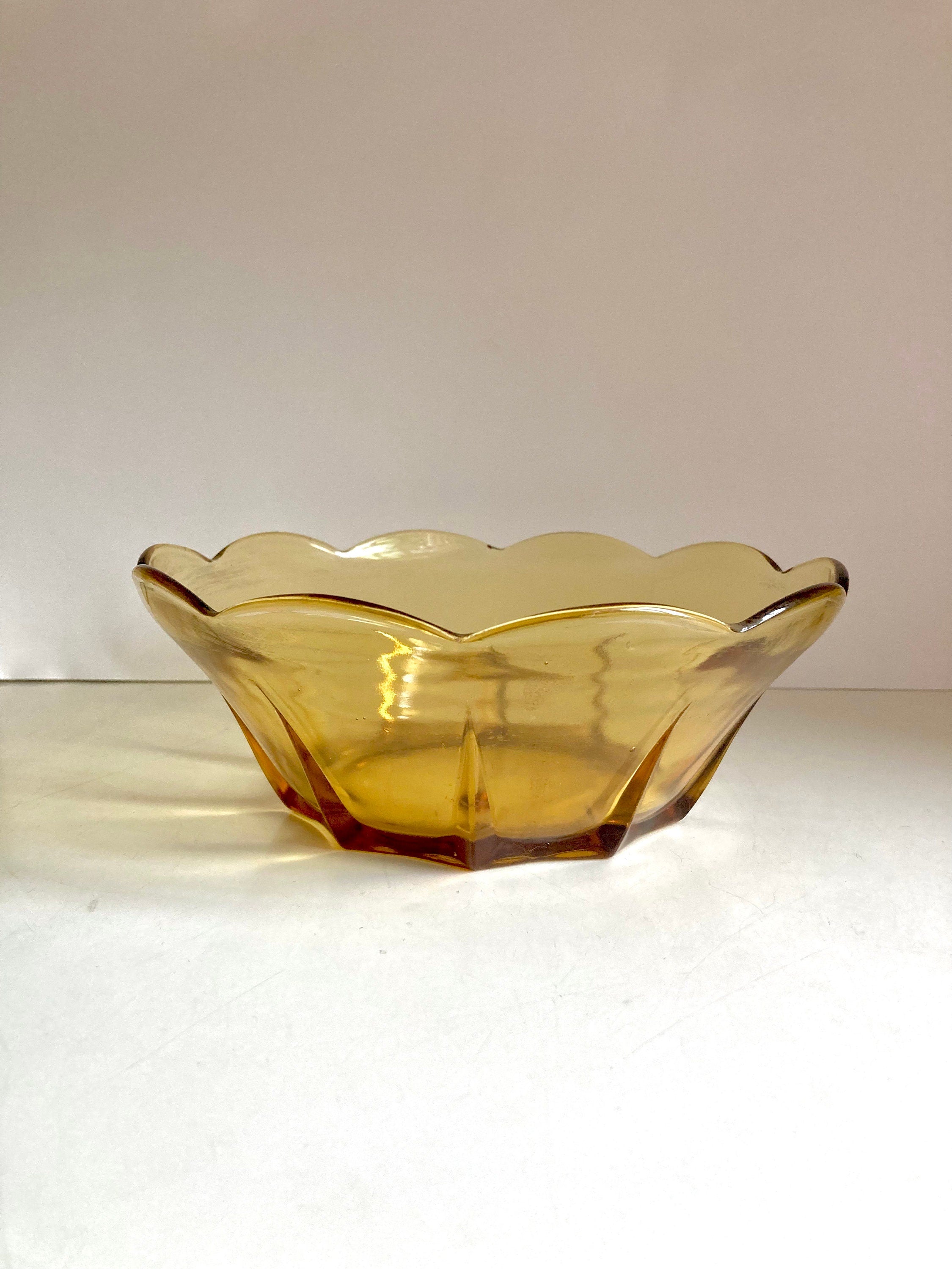 MCM Amber Glass Flower Bowl: Anchor Hocking Scalloped Bowl, 1960s Vintage