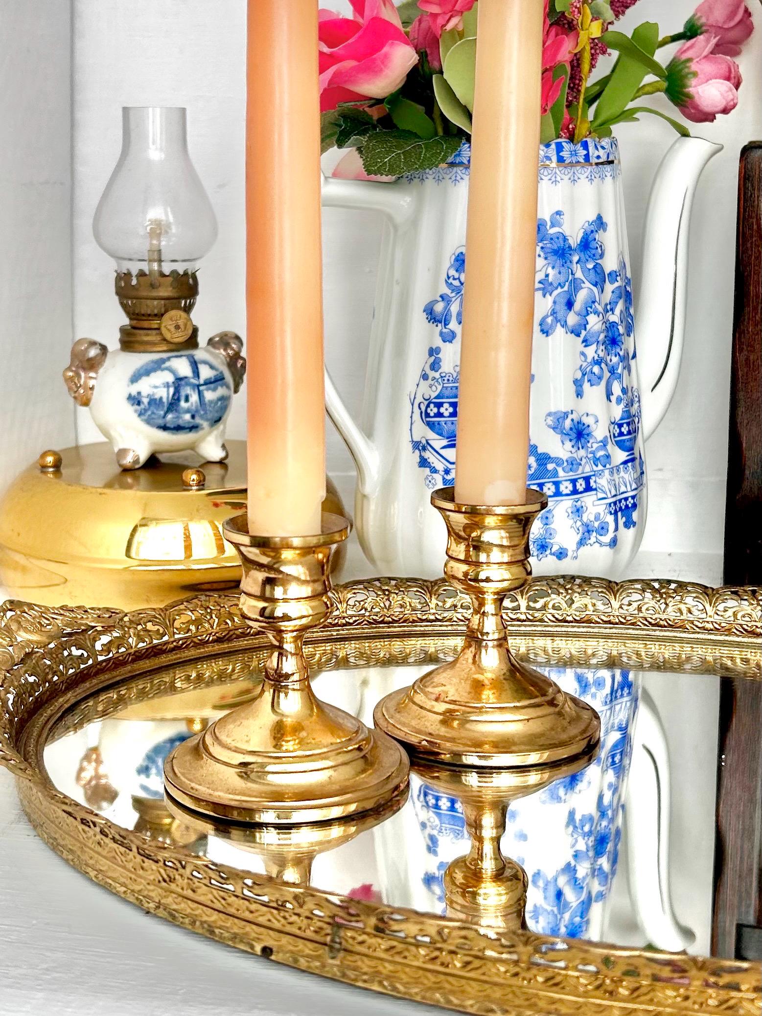 Vintage solid Brass Candlestick Pair - Two Handsome Classical Brass Taper Candle Holders