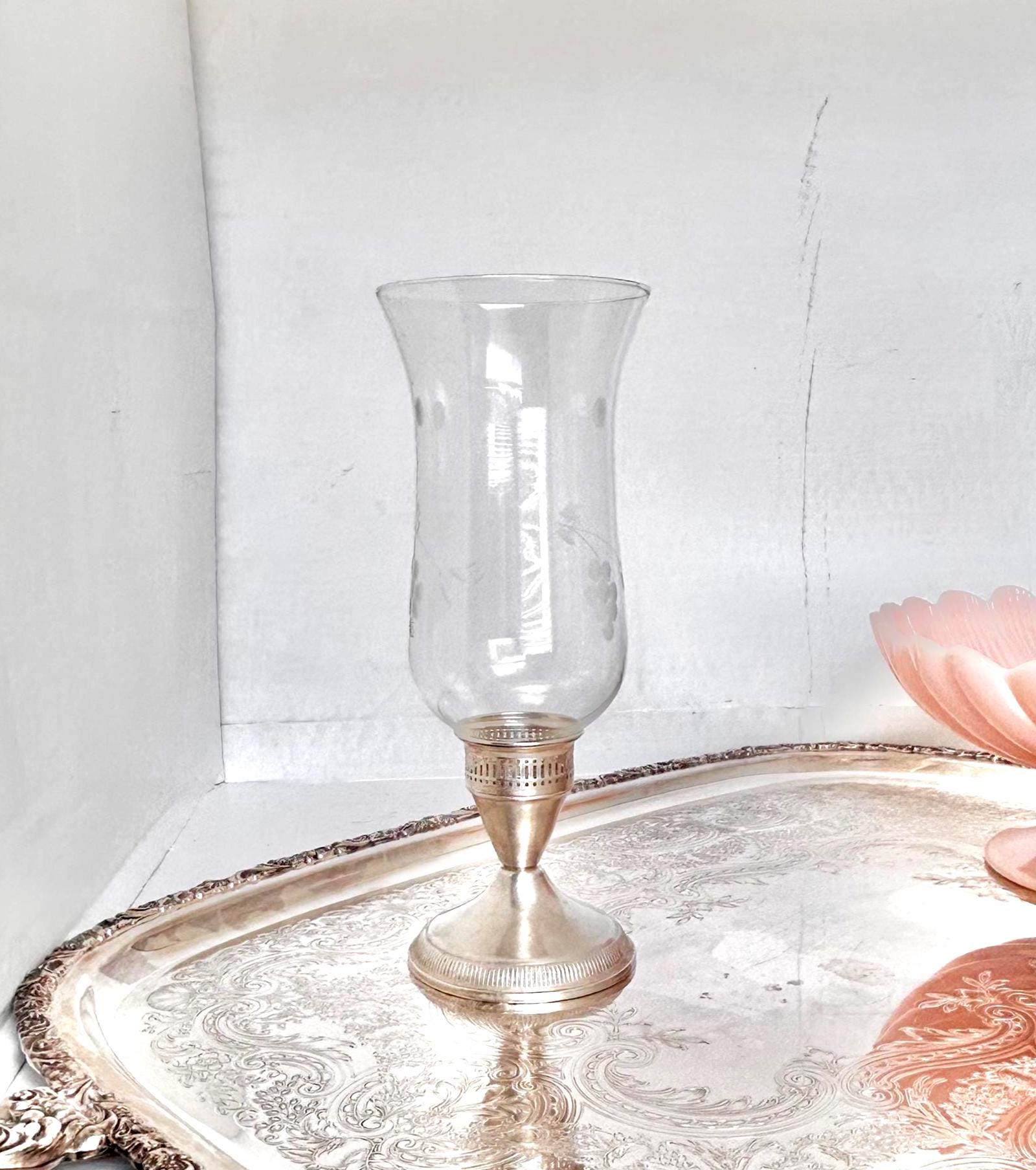 Vintage Weighted Sterling Silver Hurricane Candle Holder with Etched Grape Shade